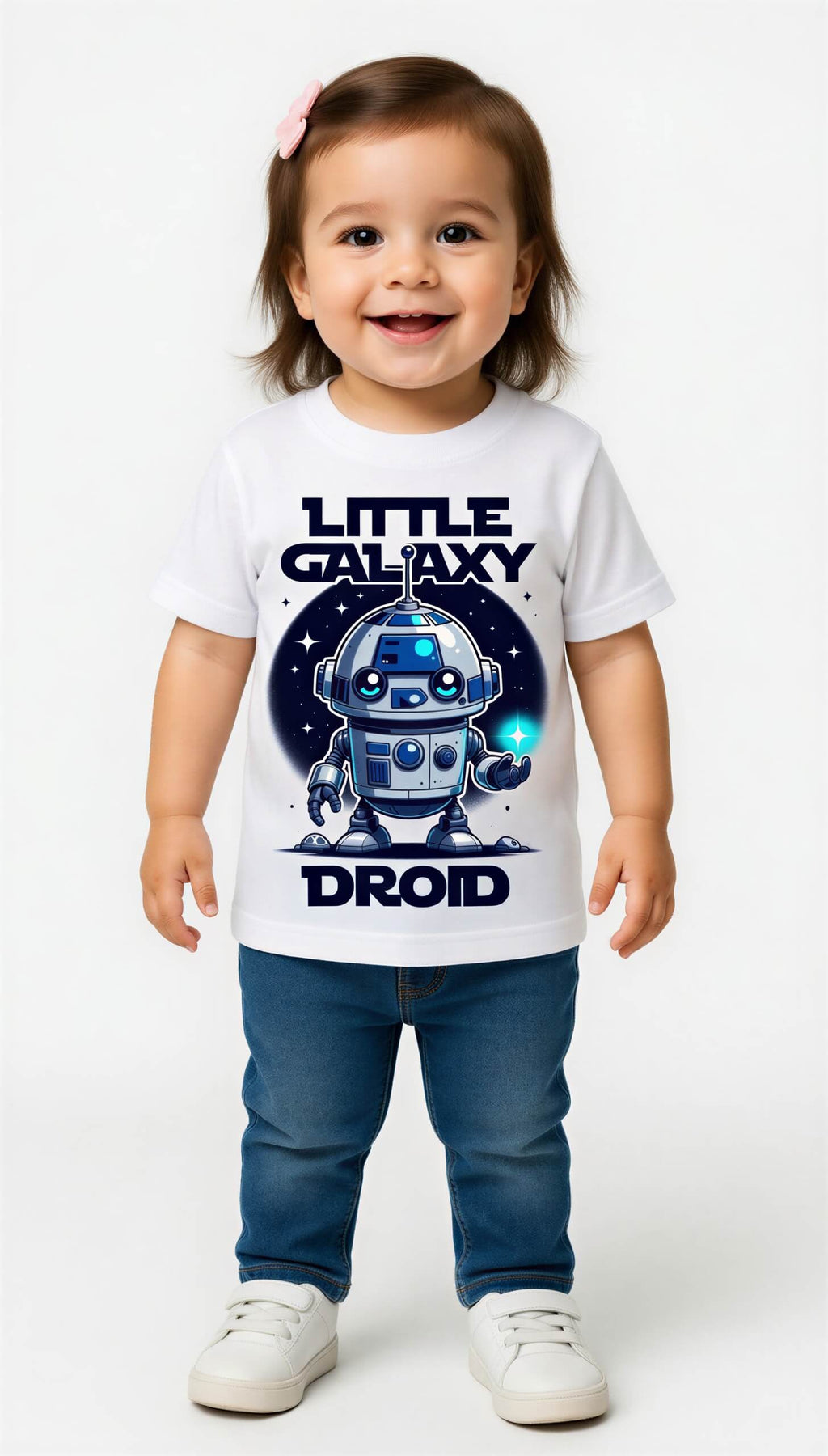 Little Galaxy Droid kids t-shirt featuring a cute robot design on a white background, worn by a smiling child.
