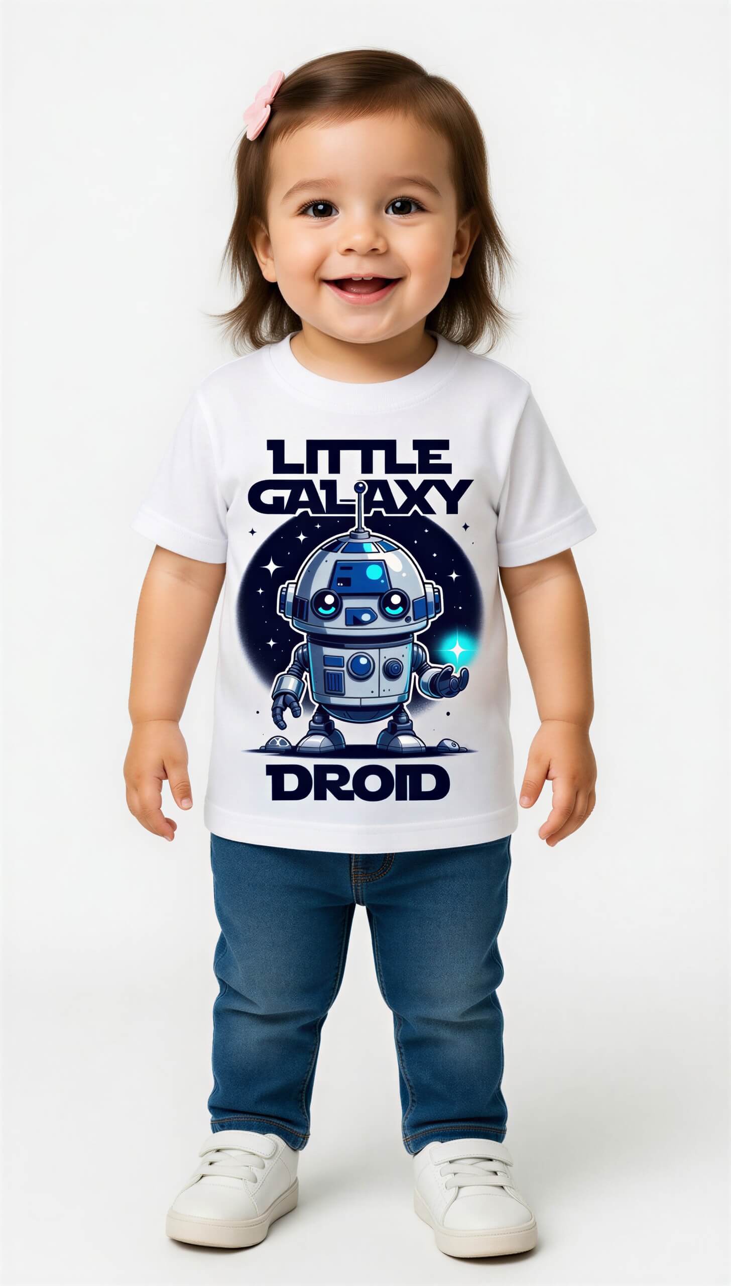 Little Galaxy Droid kids t-shirt featuring a cute robot design on a white background, worn by a smiling child.