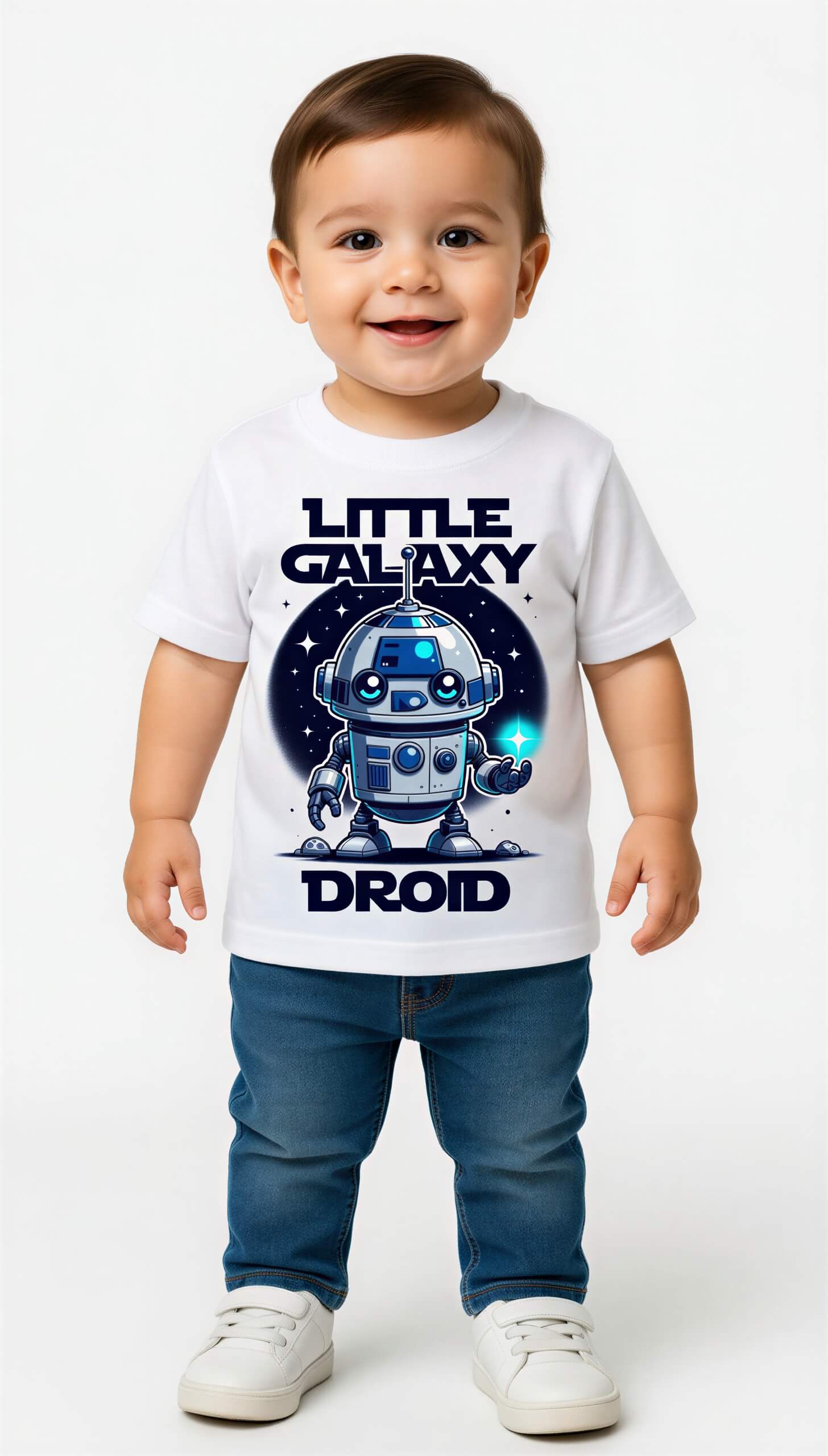 Little Galaxy Droid kids t-shirt featuring a cute robot design in blue on a white background, worn by a smiling child.