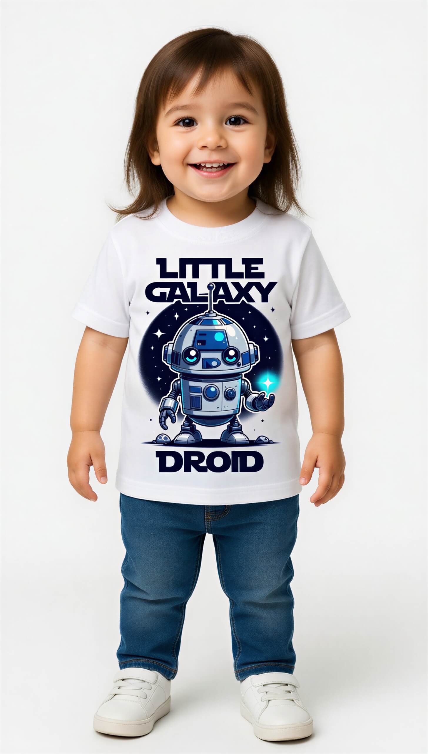 Little Galaxy Droid kids t-shirt featuring a cute robot design on a white background, worn by a smiling child.