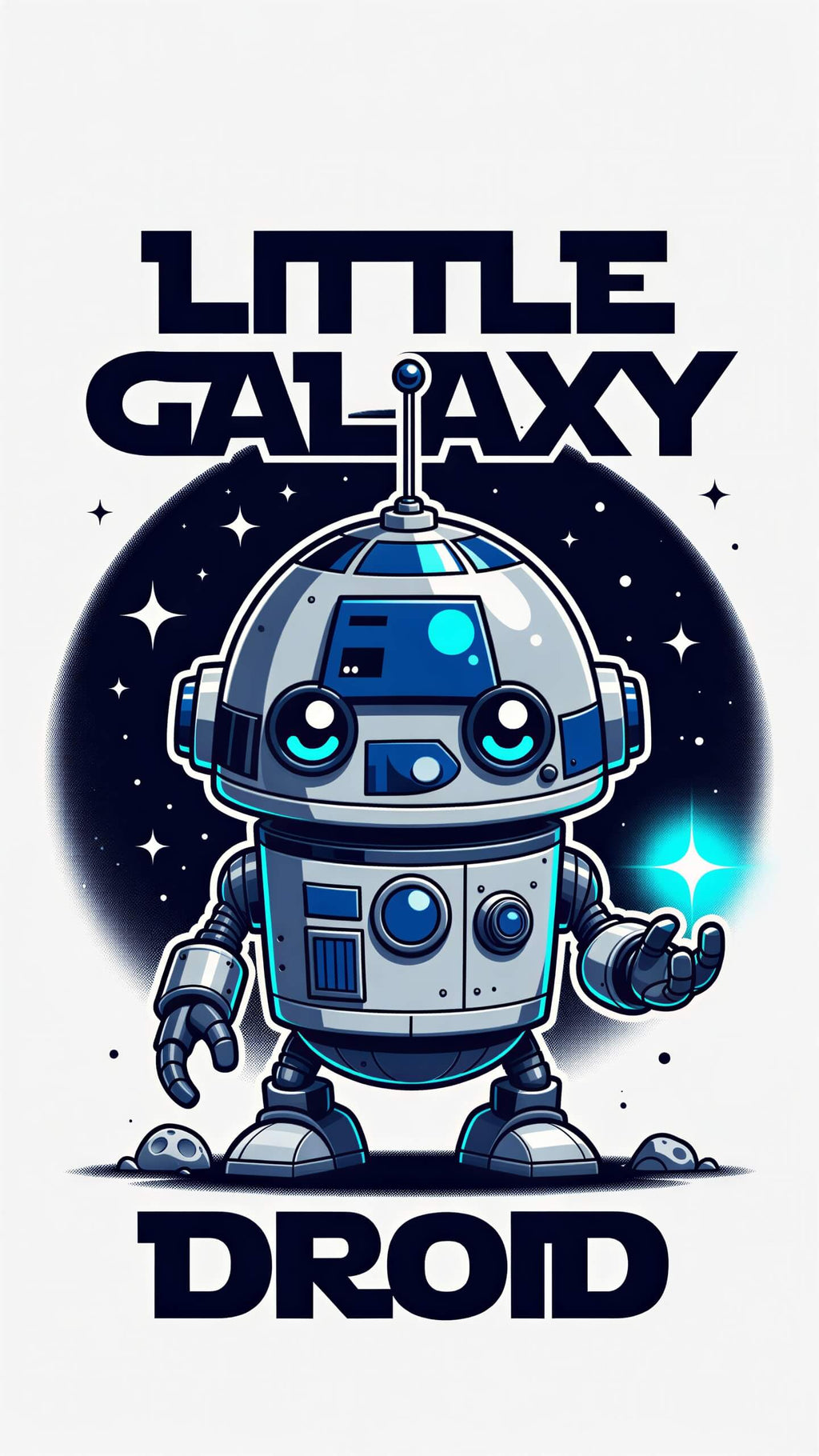 Little Galaxy Droid kids t-shirt featuring a cute robot design with blue and gray colors on a white background.