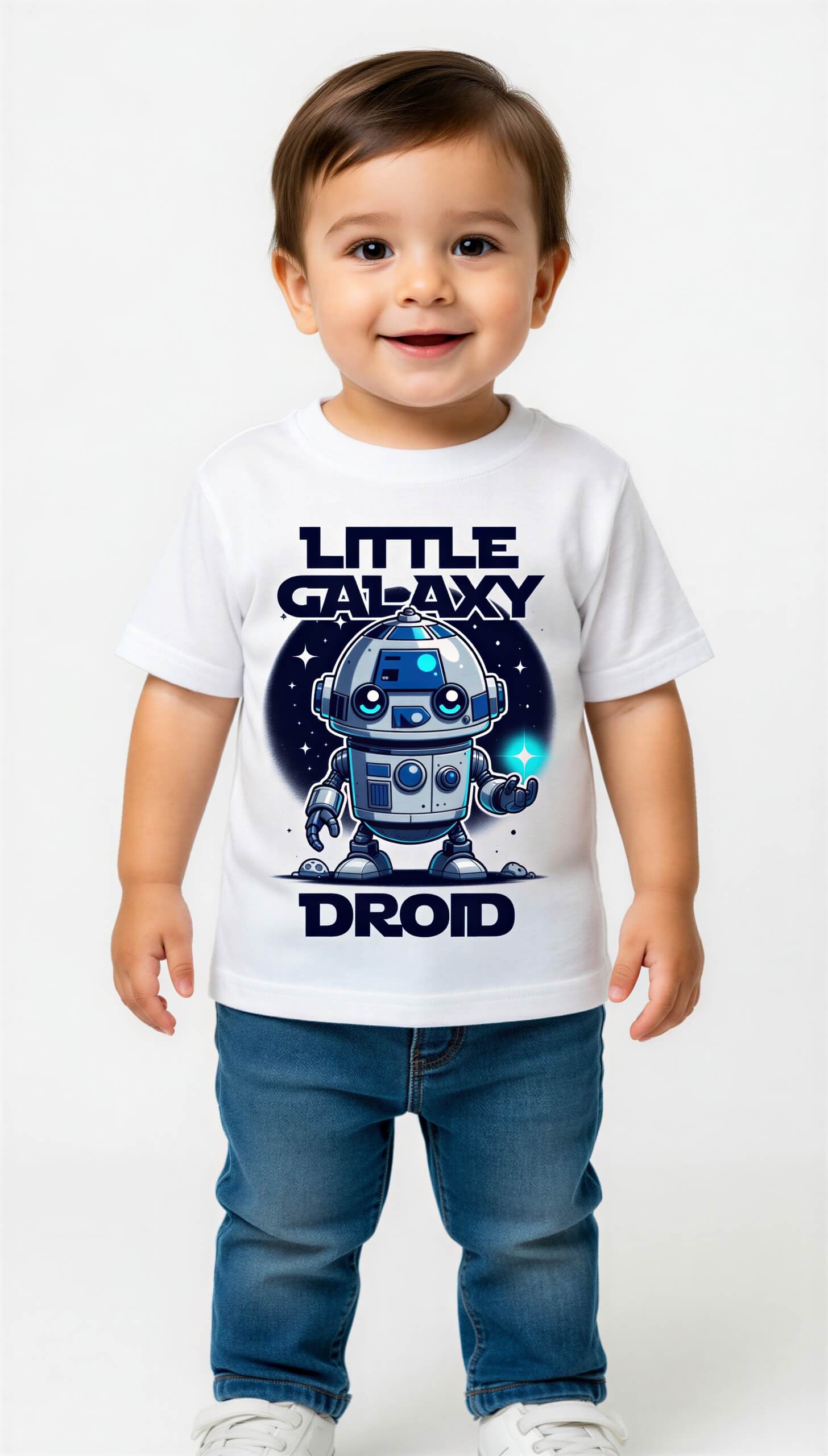 White t-shirt featuring a cute robot graphic with the text "Little Galaxy Droid," worn by a smiling child.