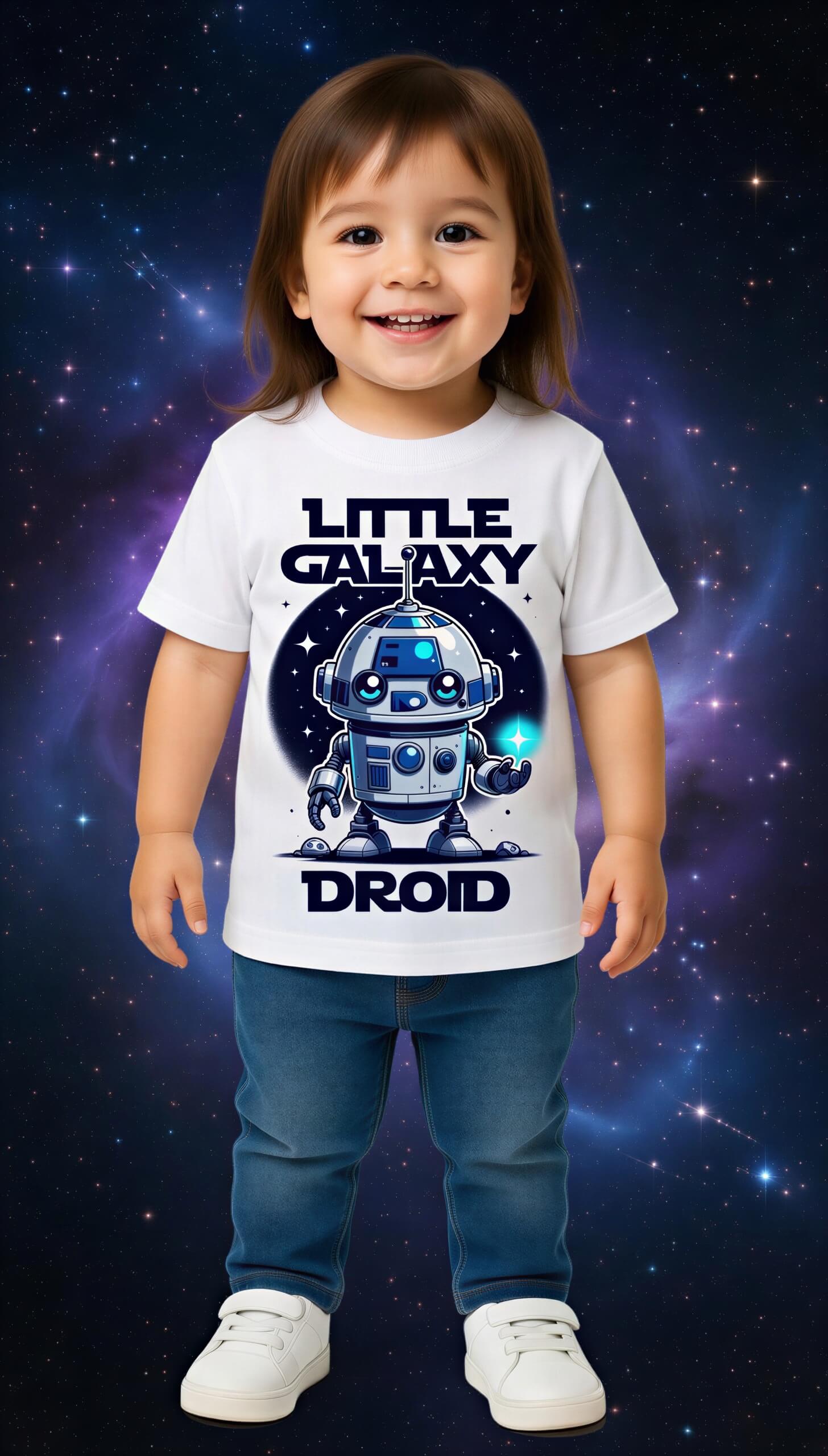 Little Galaxy Droid kids t-shirt featuring a cute robot design on a white background, worn by a smiling child.