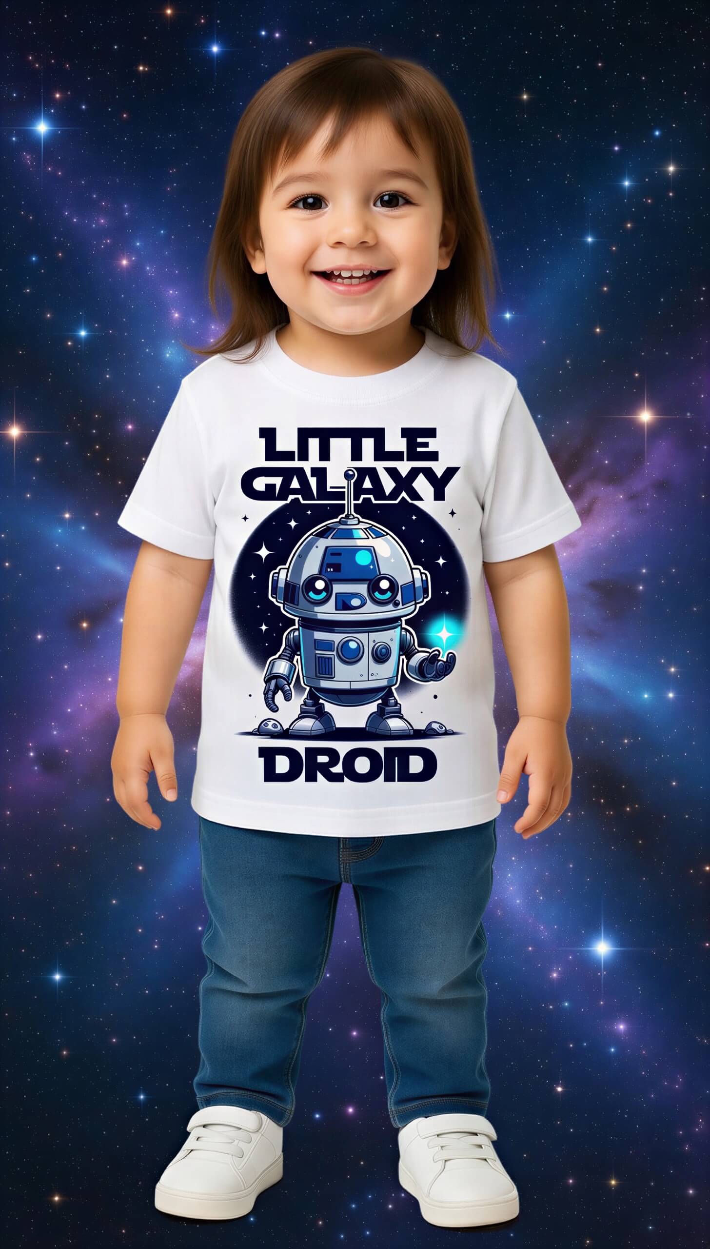 Little Galaxy Droid kids t-shirt featuring a cute robot design, worn by a child against a cosmic background.