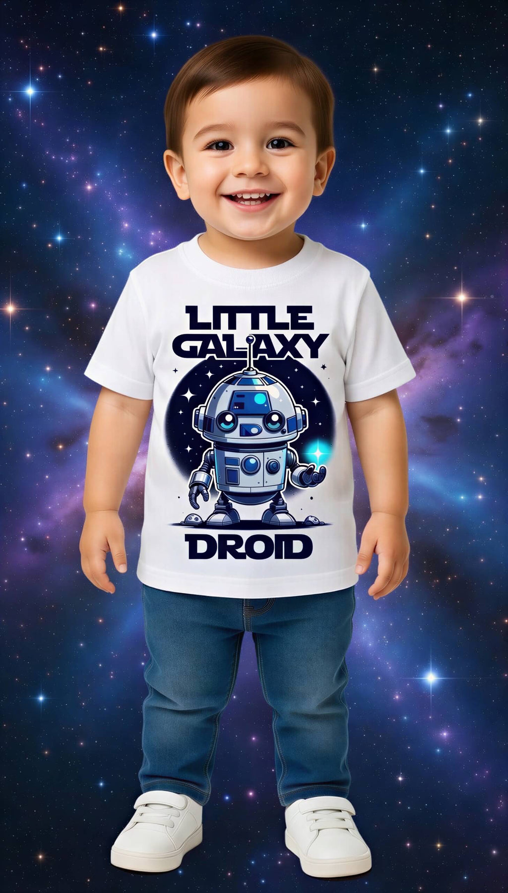 Little Galaxy Droid kids t-shirt featuring a cute robot design on a white background, worn by a smiling child.
