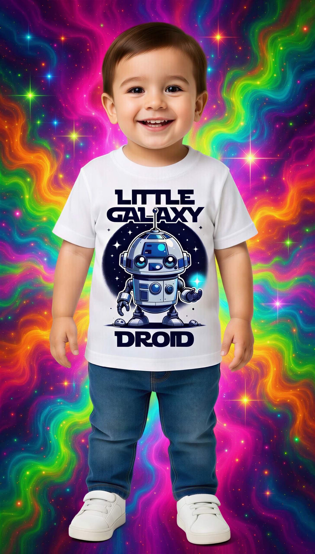 Little Galaxy Droid kids t-shirt featuring a cute robot design on a white background, worn by a smiling child.