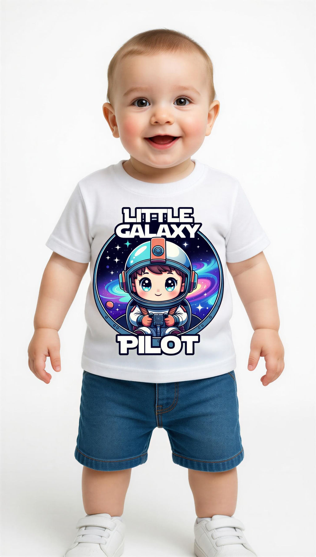 Little Galaxy Pilot kids t-shirt featuring a cute astronaut graphic on a white background, worn by a smiling toddler.