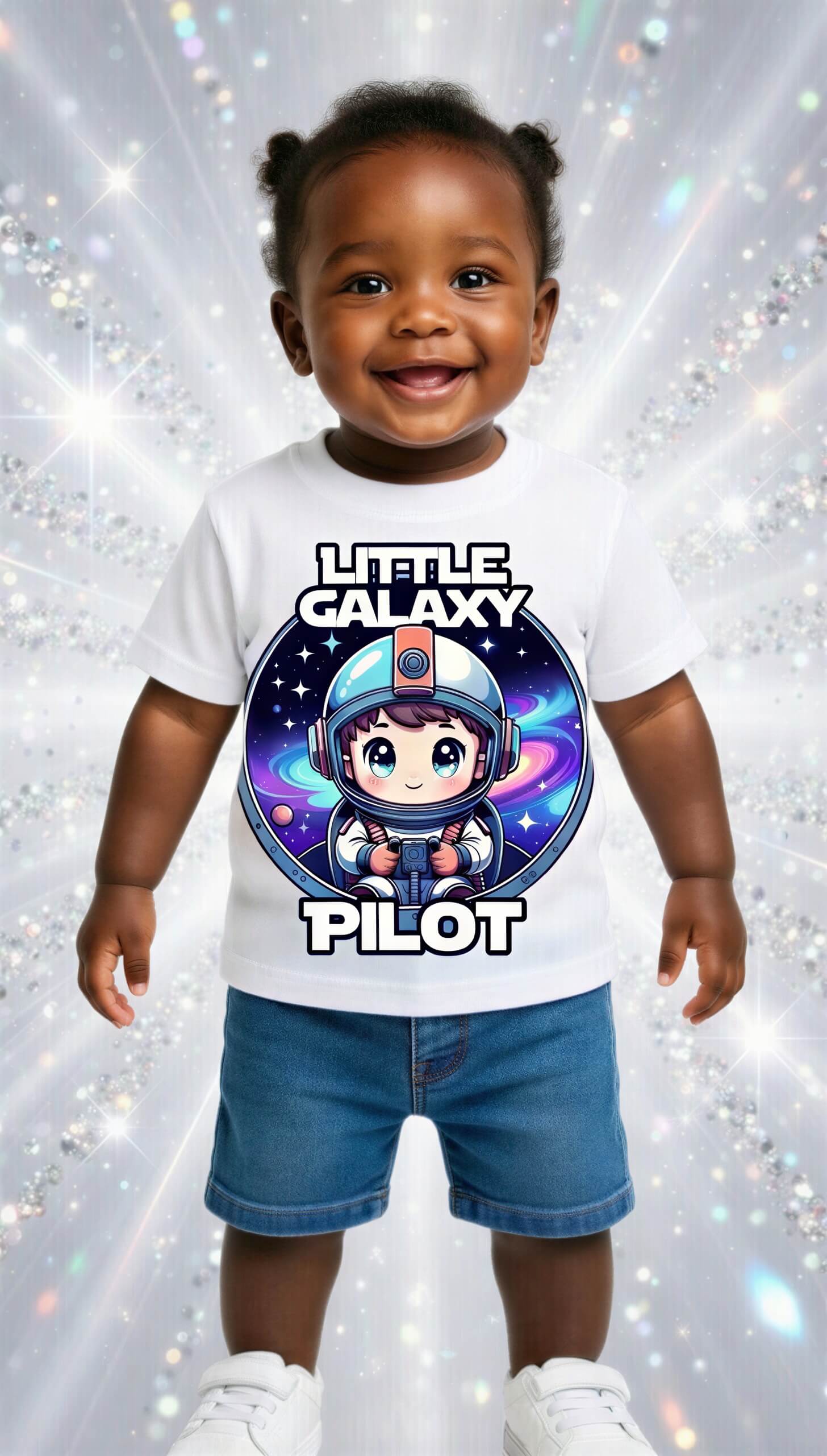 Little Galaxy Pilot kids t-shirt featuring a cute astronaut graphic on a white background, worn by a smiling child.