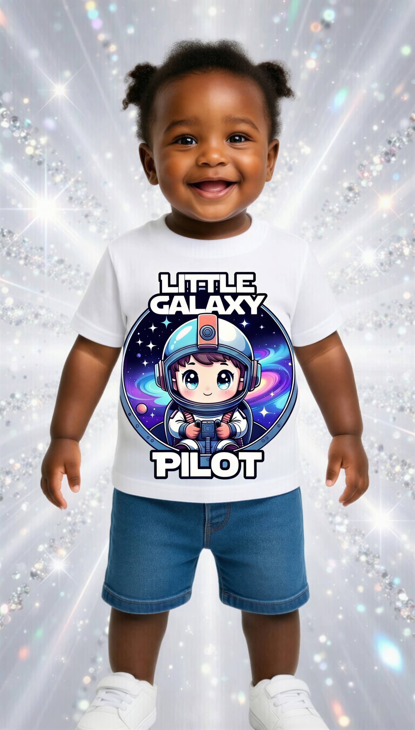 Little Galaxy Pilot kids t-shirt featuring a cute astronaut design on a white background, worn by a smiling child.