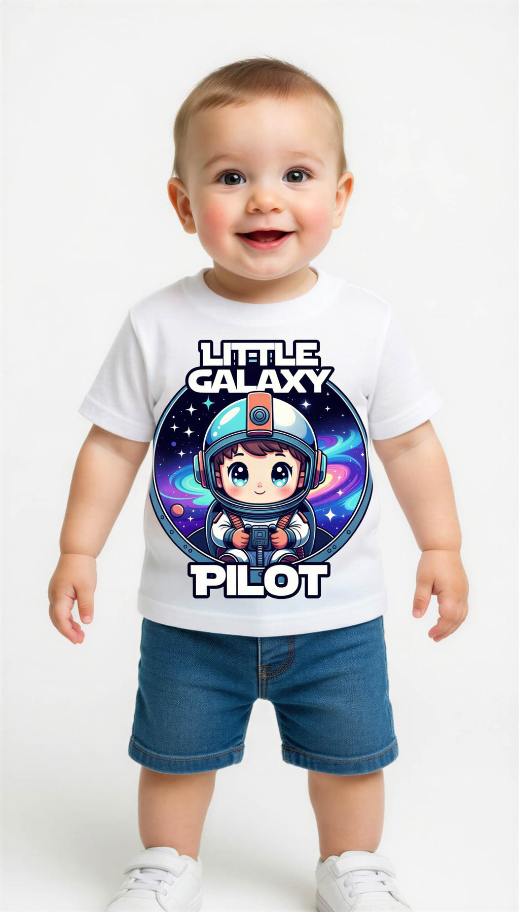Little Galaxy Pilot kids t-shirt featuring a cute astronaut graphic on a white background, worn by a smiling child.