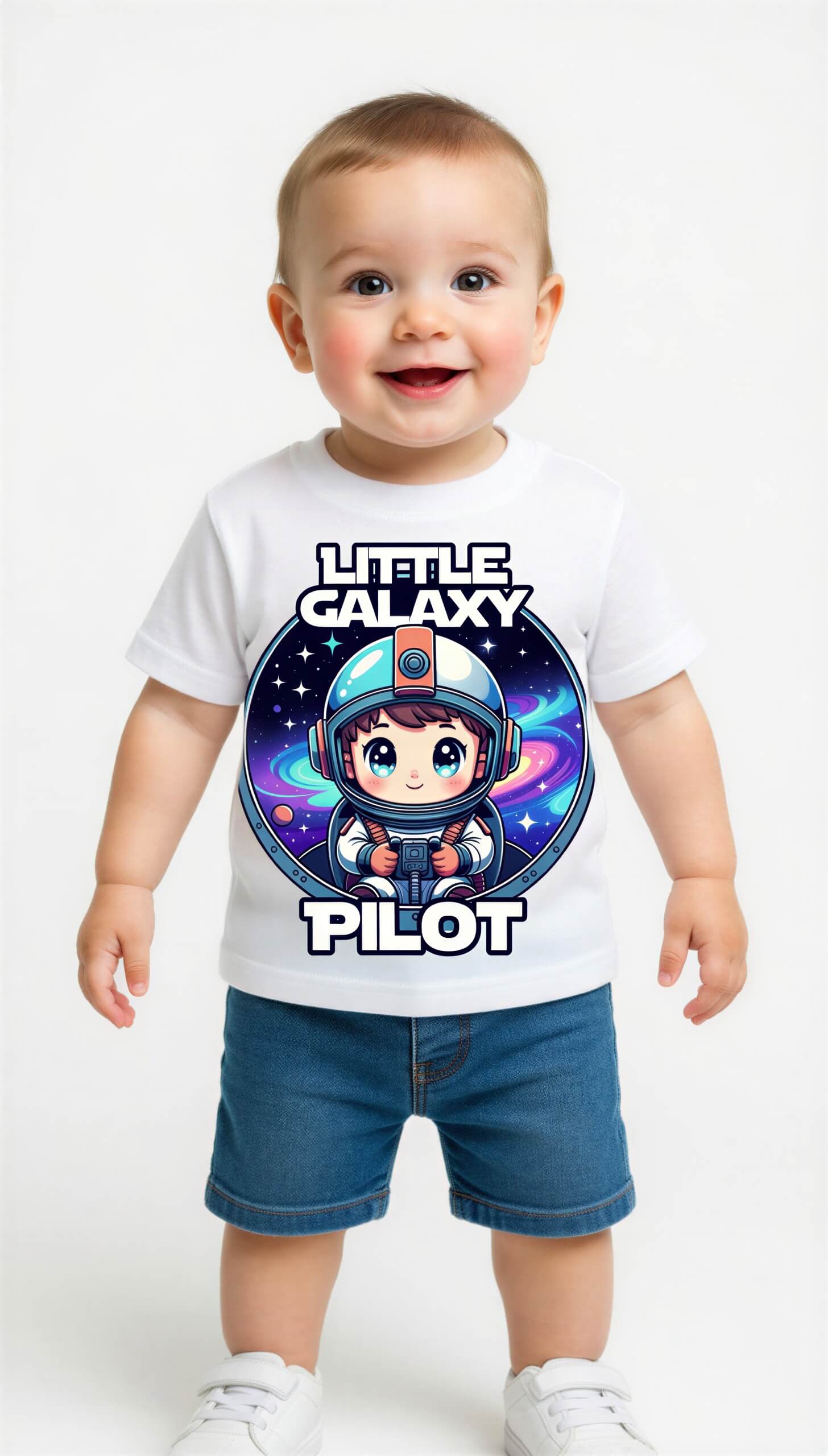Little Galaxy Pilot kids t-shirt featuring a cute astronaut graphic on a white background, worn by a smiling child.