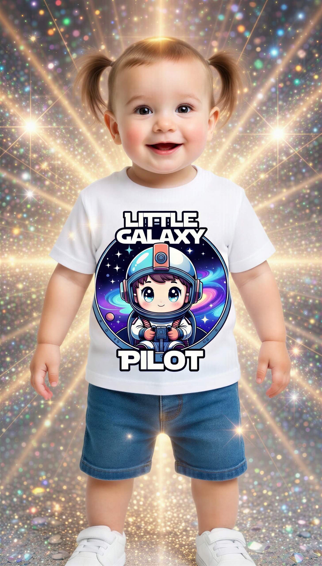 Little Galaxy Pilot kids t-shirt featuring a cartoon astronaut graphic on a white background, worn by a smiling child.