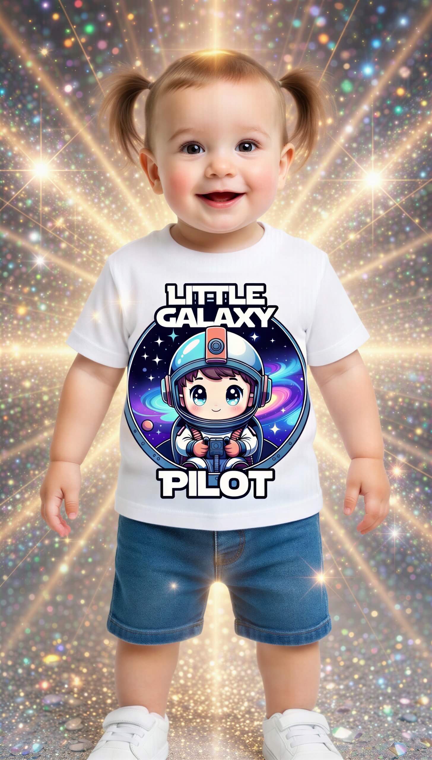 Little Galaxy Pilot kids t-shirt featuring a cartoon astronaut graphic on a white background, worn by a smiling child.