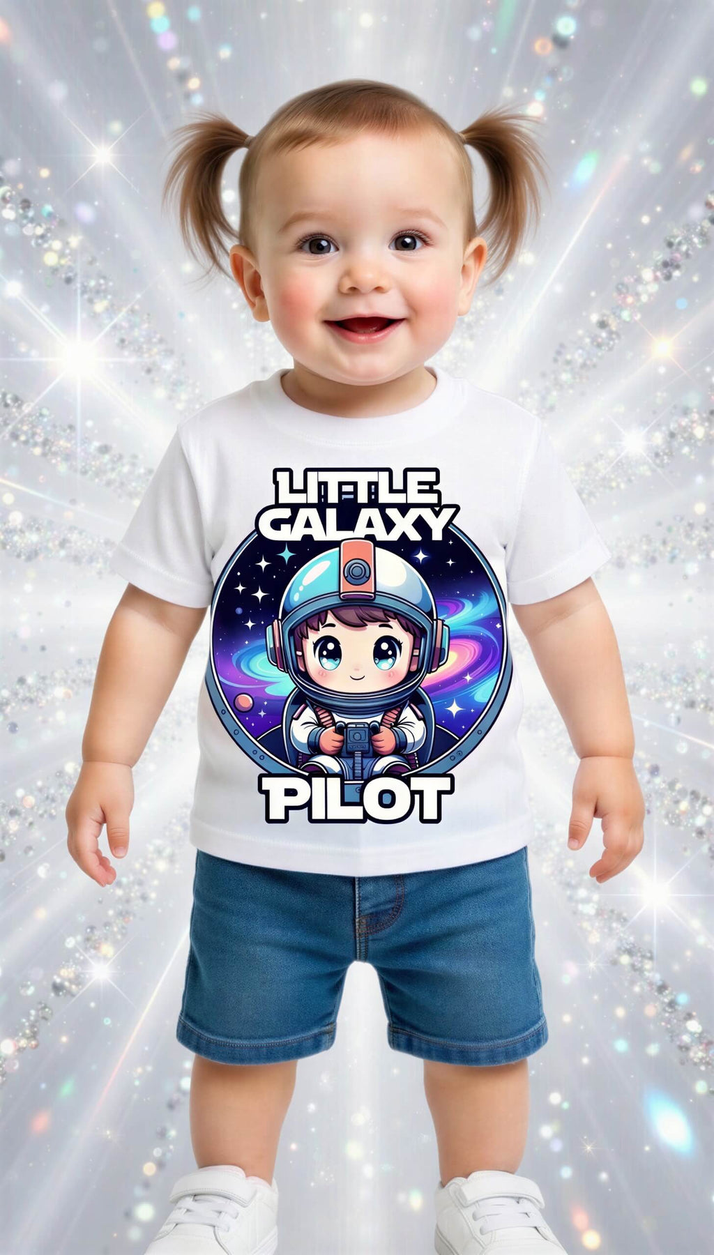 Little Galaxy Pilot kids t-shirt featuring a cute astronaut graphic on a white background, worn by a smiling toddler.