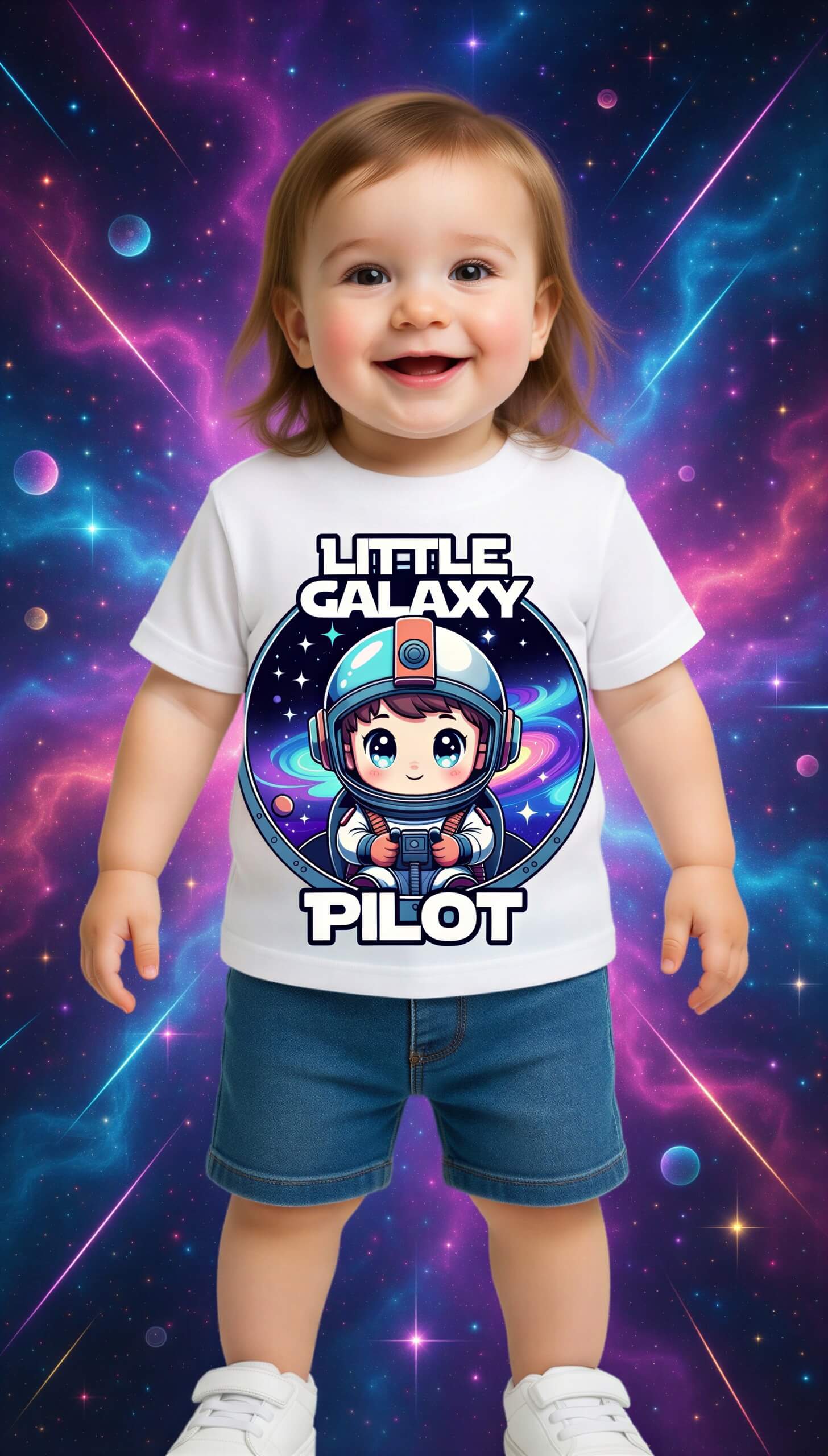 Little Galaxy Pilot kids t-shirt featuring a cute astronaut graphic on a white background, worn by a smiling child.