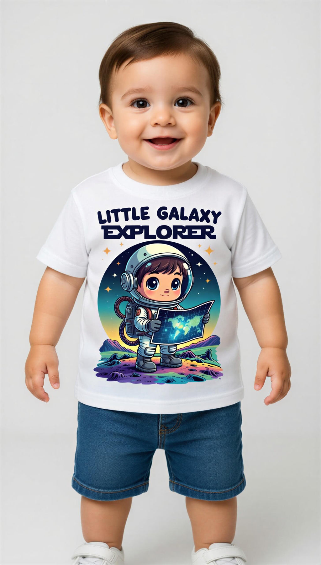 Little Galaxy Explorer kids t-shirt featuring a cartoon astronaut holding a star map, set against a colorful space backgro...