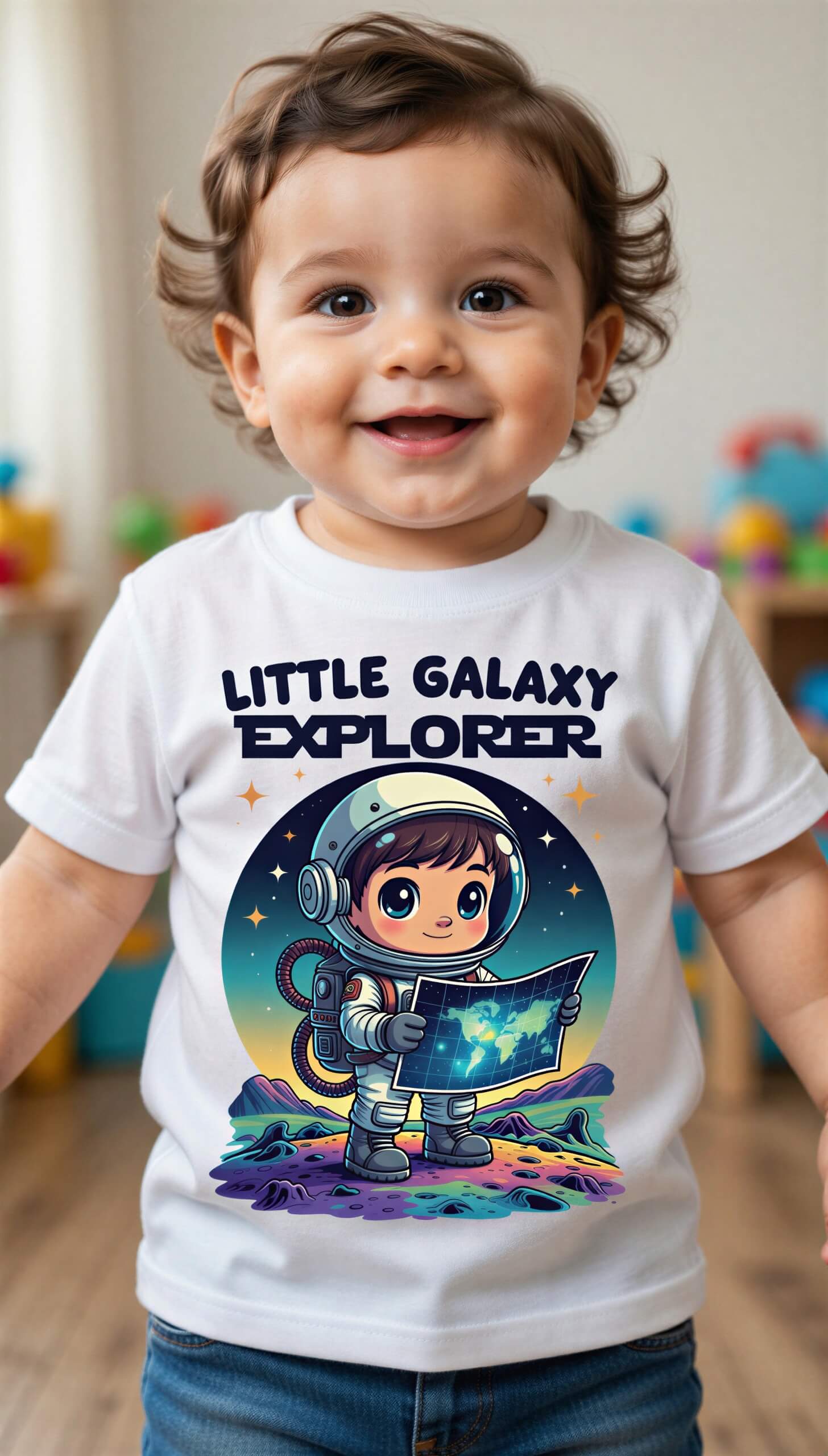 Little Galaxy Explorer kids t-shirt featuring a smiling child in an astronaut suit holding a space map, colorful design.