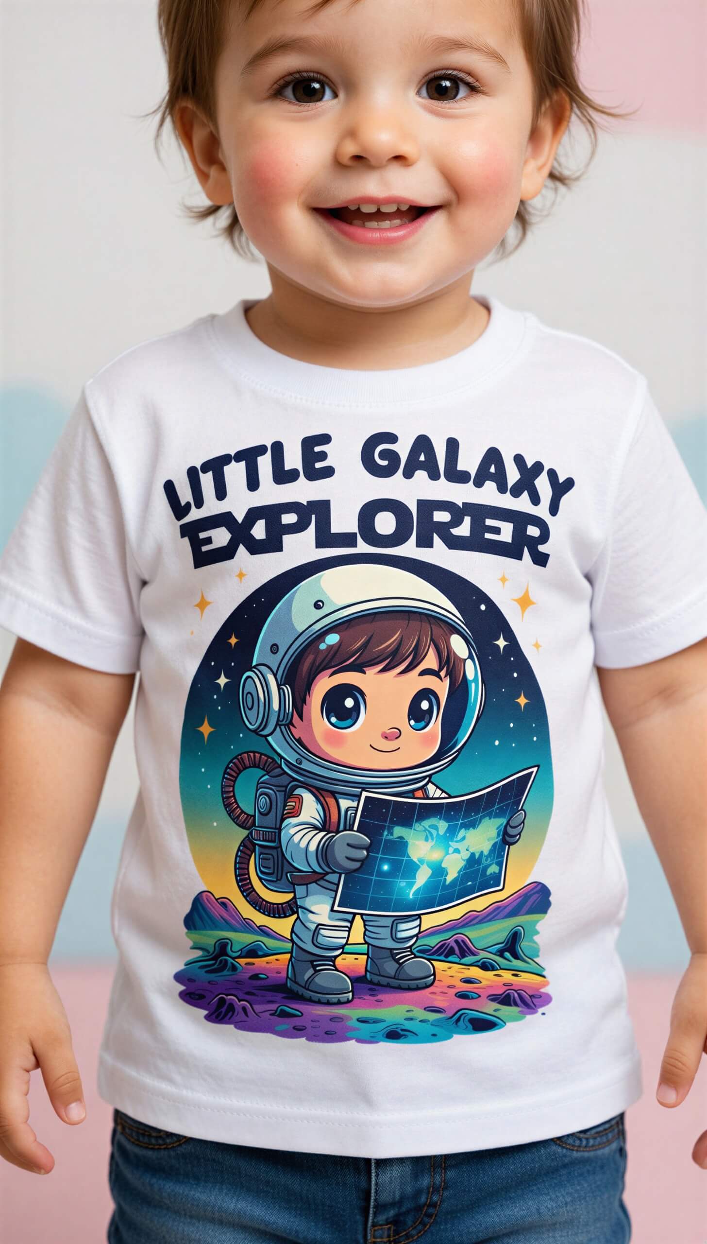 Little Galaxy Explorer kids t-shirt featuring a smiling child in an astronaut suit holding a space map, colorful design.