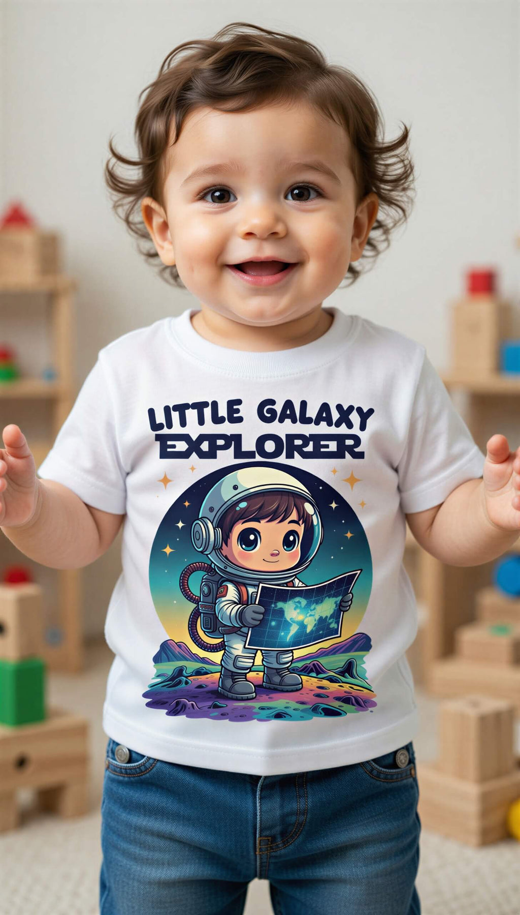 Little Galaxy Explorer kids t-shirt featuring a cartoon astronaut holding a map, worn by a smiling child.