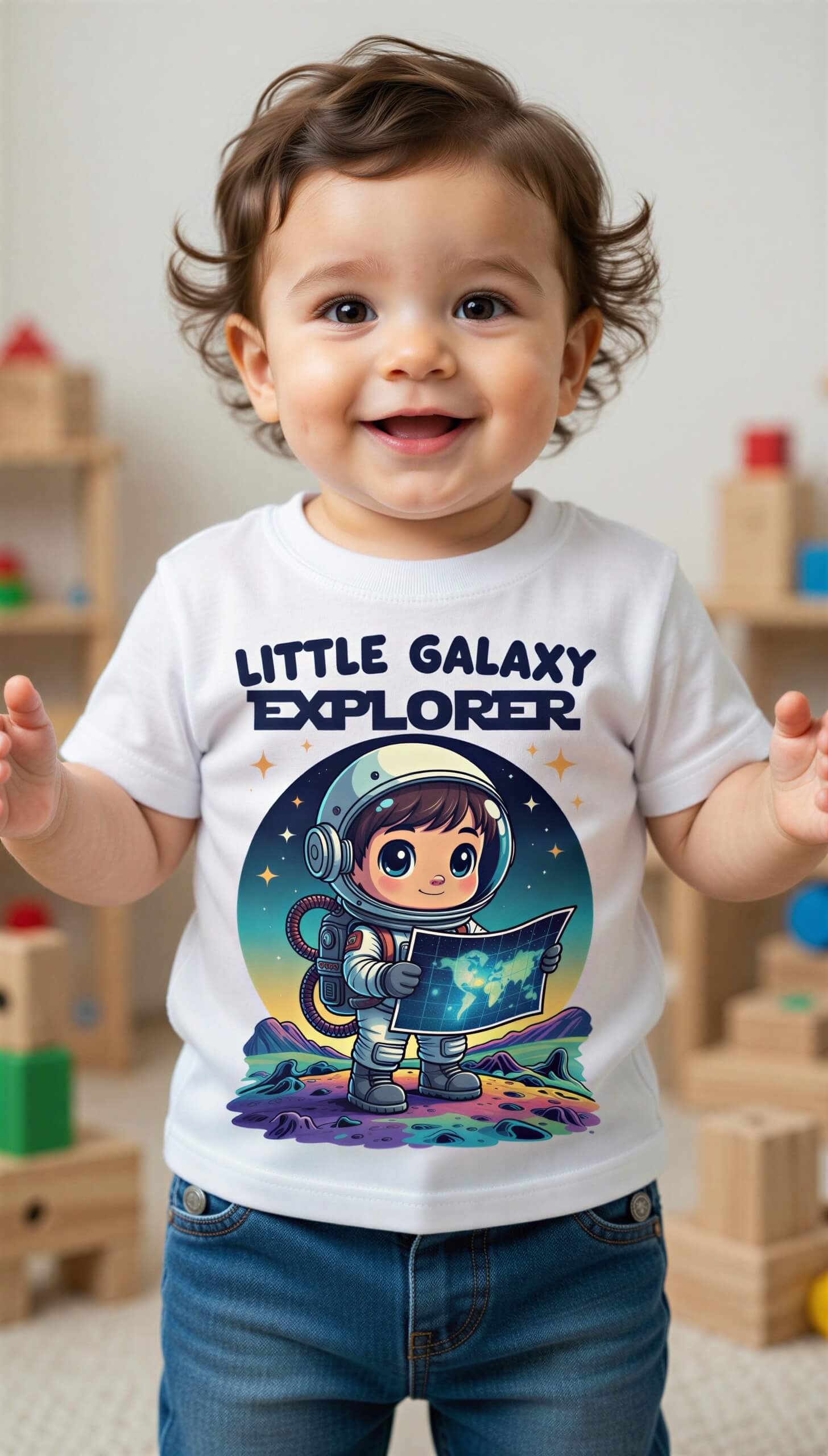 Little Galaxy Explorer kids t-shirt featuring a cartoon astronaut holding a map, worn by a smiling child.