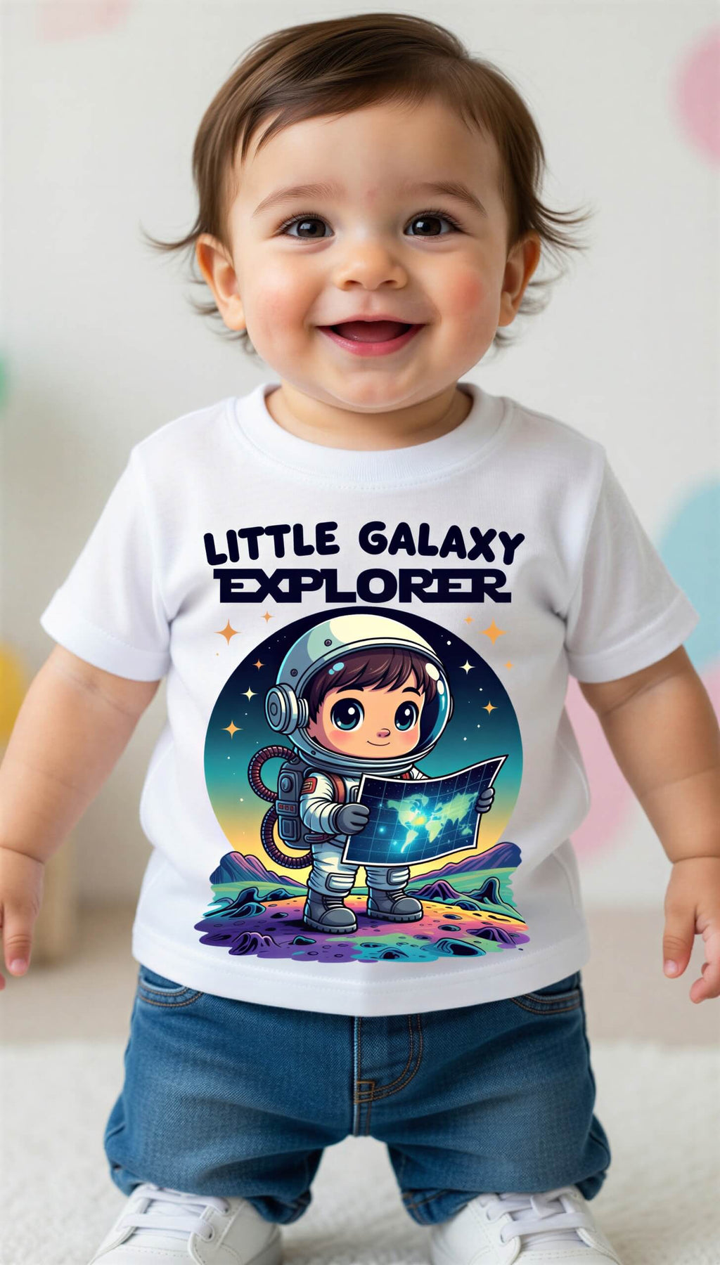 Little Galaxy Explorer kids t-shirt featuring a smiling child wearing a white shirt with a space explorer graphic.