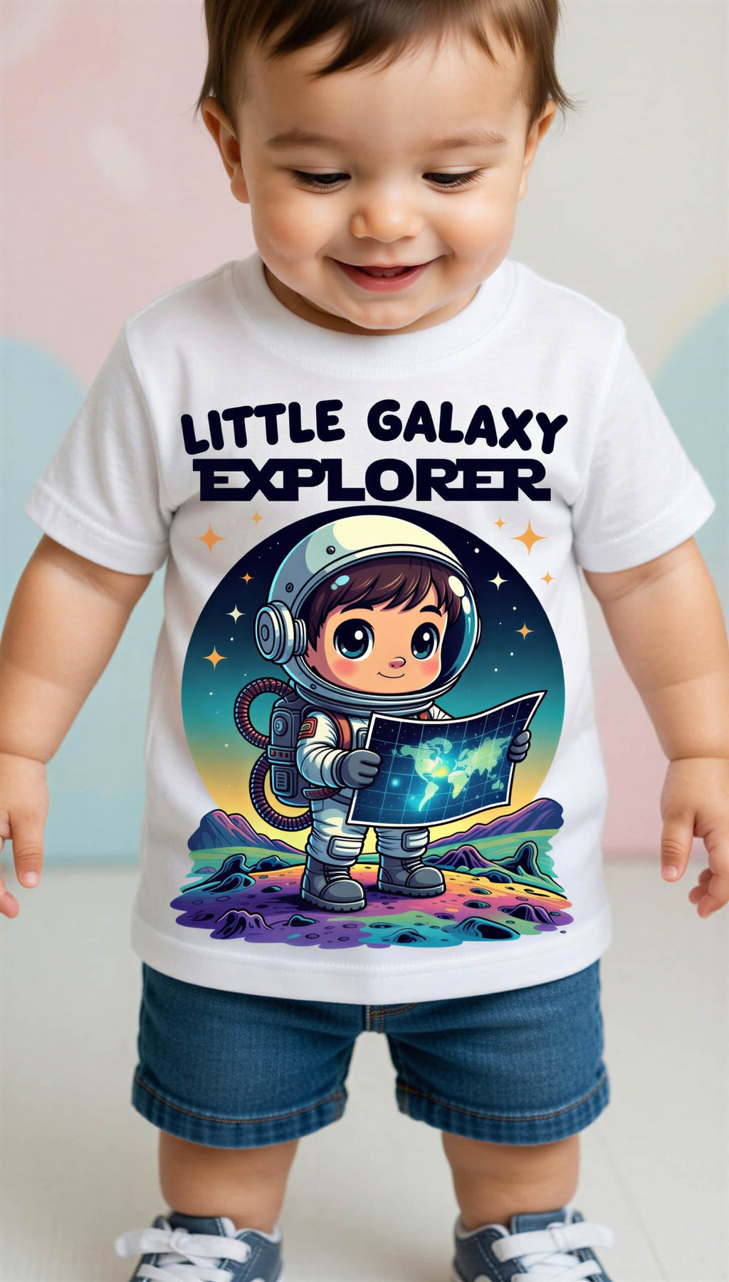 Little Galaxy Explorer kids t-shirt featuring a smiling child in a space suit holding a star map, with colorful galaxy gra...