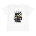 White toddler tee featuring a graphic of Yoda, Darth Vader, and Chewbacca with the text "Little Jedi Paws.