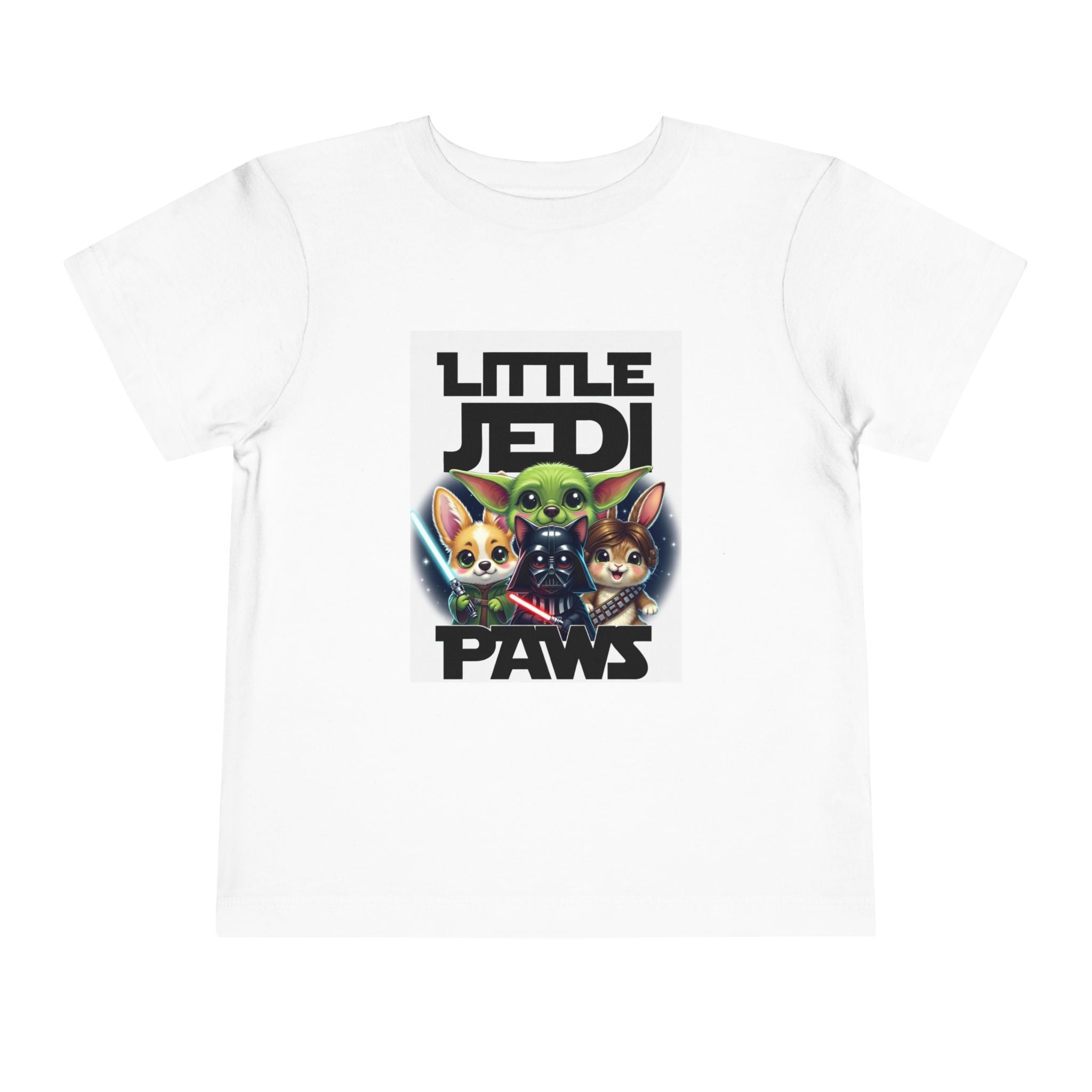White toddler tee featuring a graphic of Yoda, Darth Vader, and Chewbacca with the text "Little Jedi Paws.