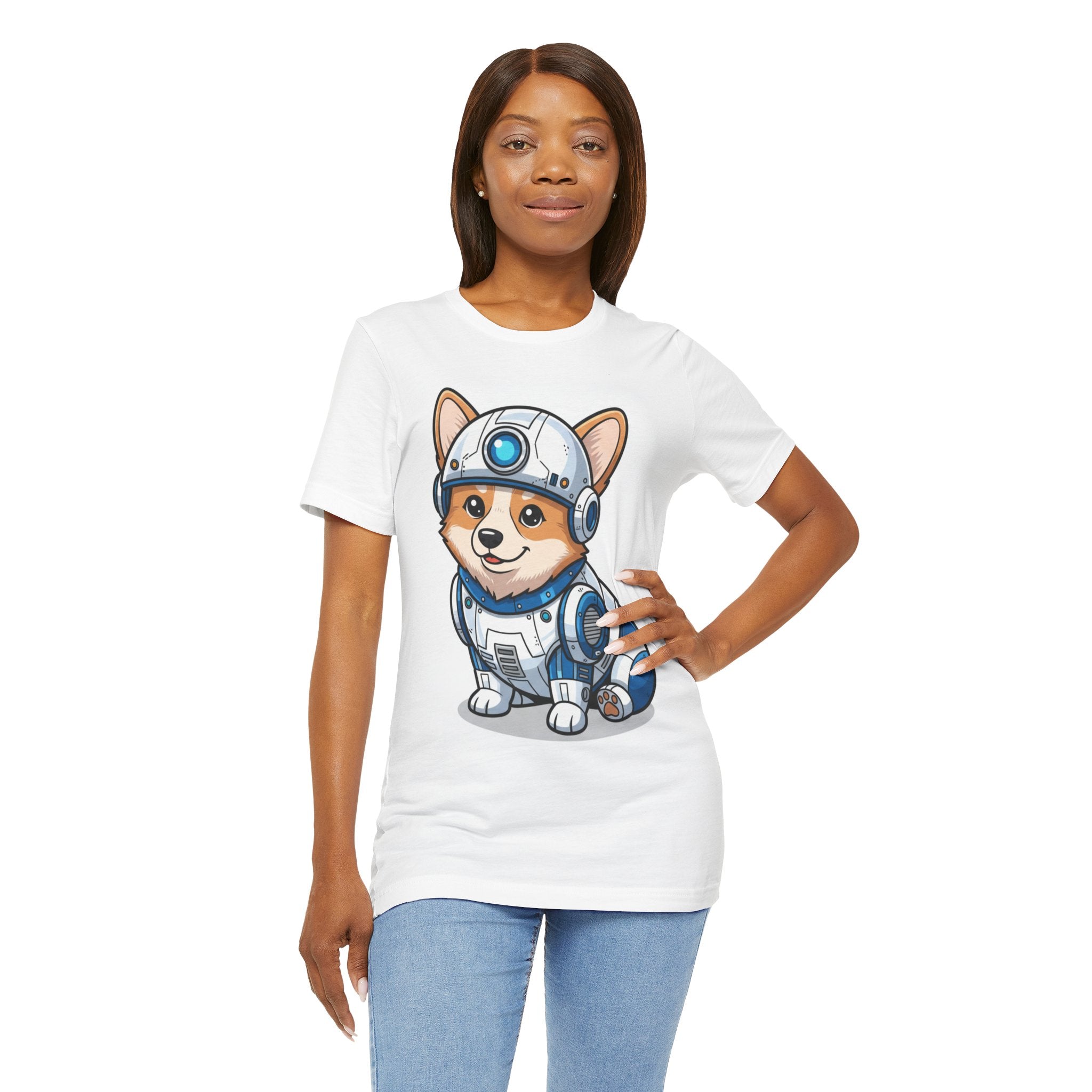 Corgi R2-D2 T-shirt featuring a cartoon corgi in a droid outfit, displayed on a model wearing jeans.