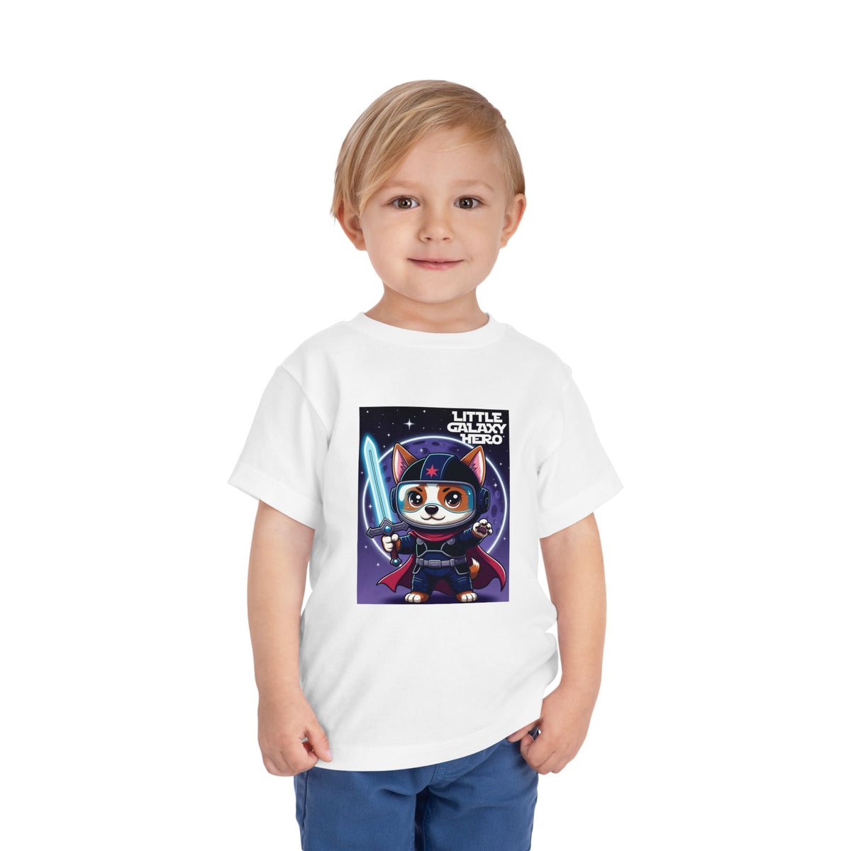Little Galaxy Hero Toddler Tee — Cute Space Cat with Light Sword