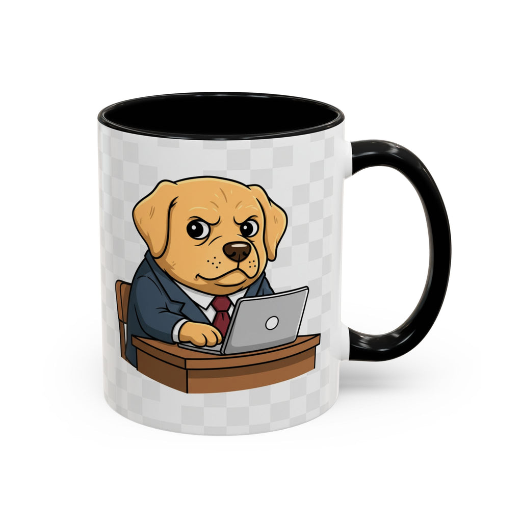 Yellow Lab Boss mug featuring a cartoon dog in a suit sitting at a desk with a laptop, available in 11oz and 15oz sizes.
