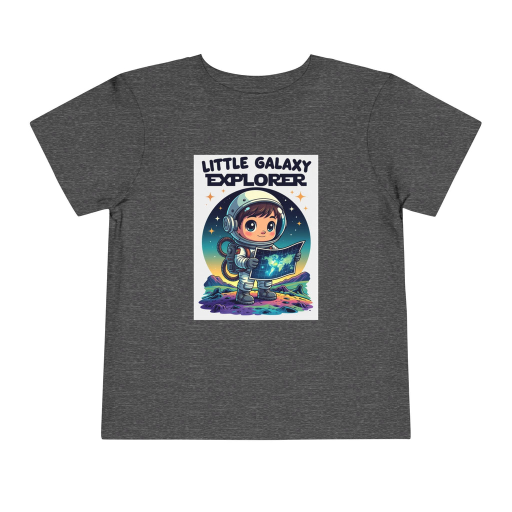 Little Galaxy Explorer kids t-shirt in dark gray featuring a cartoon child in a space suit holding a star map.