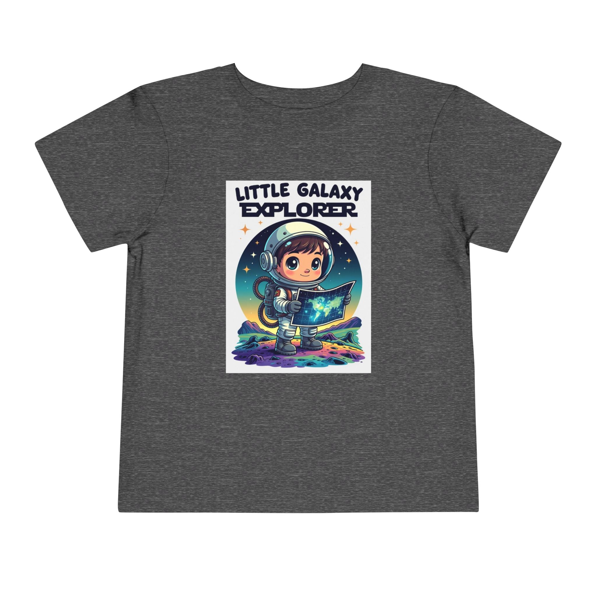 Little Galaxy Explorer kids t-shirt in dark gray featuring a cartoon child in a space suit holding a star map.