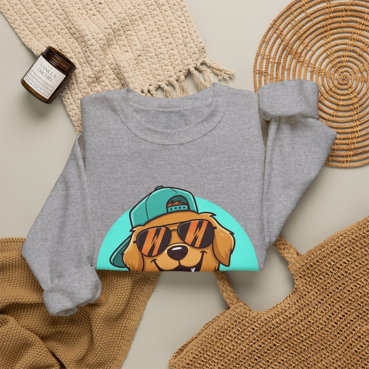 Golden Retriever Pup Graphic Sweatshirt — Cute Dog with Cap Crewneck