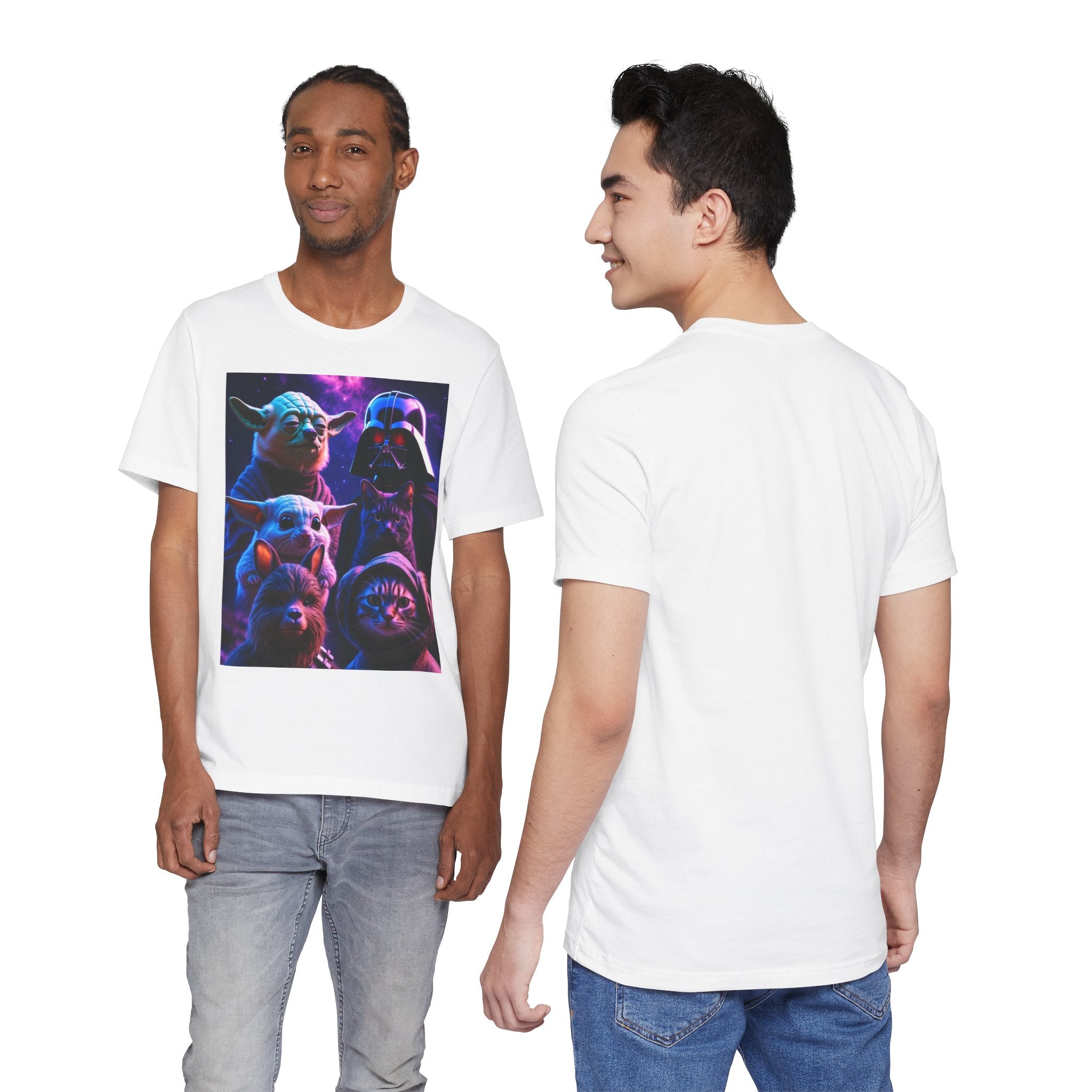 Pawsitive Force T-shirt featuring a colorful galaxy design with cats and dogs, modeled by two men in casual attire.