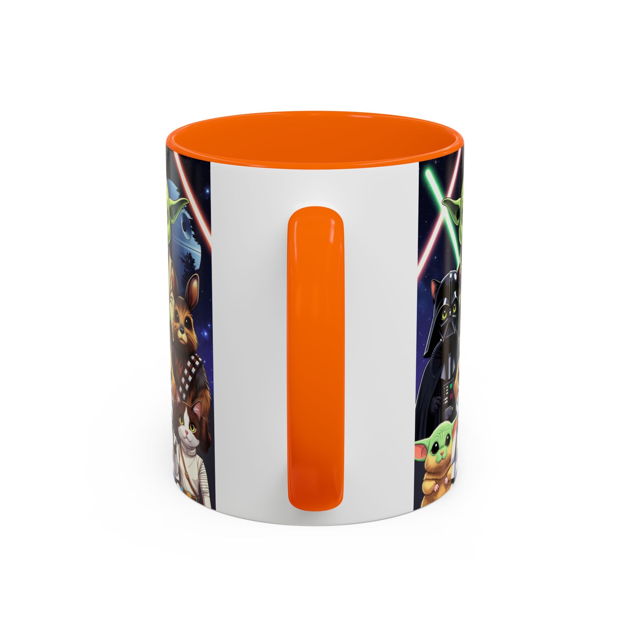 Star Wars Pets coffee mug featuring a galaxy design with cats and dogs, orange handle, and vibrant character illustrations.