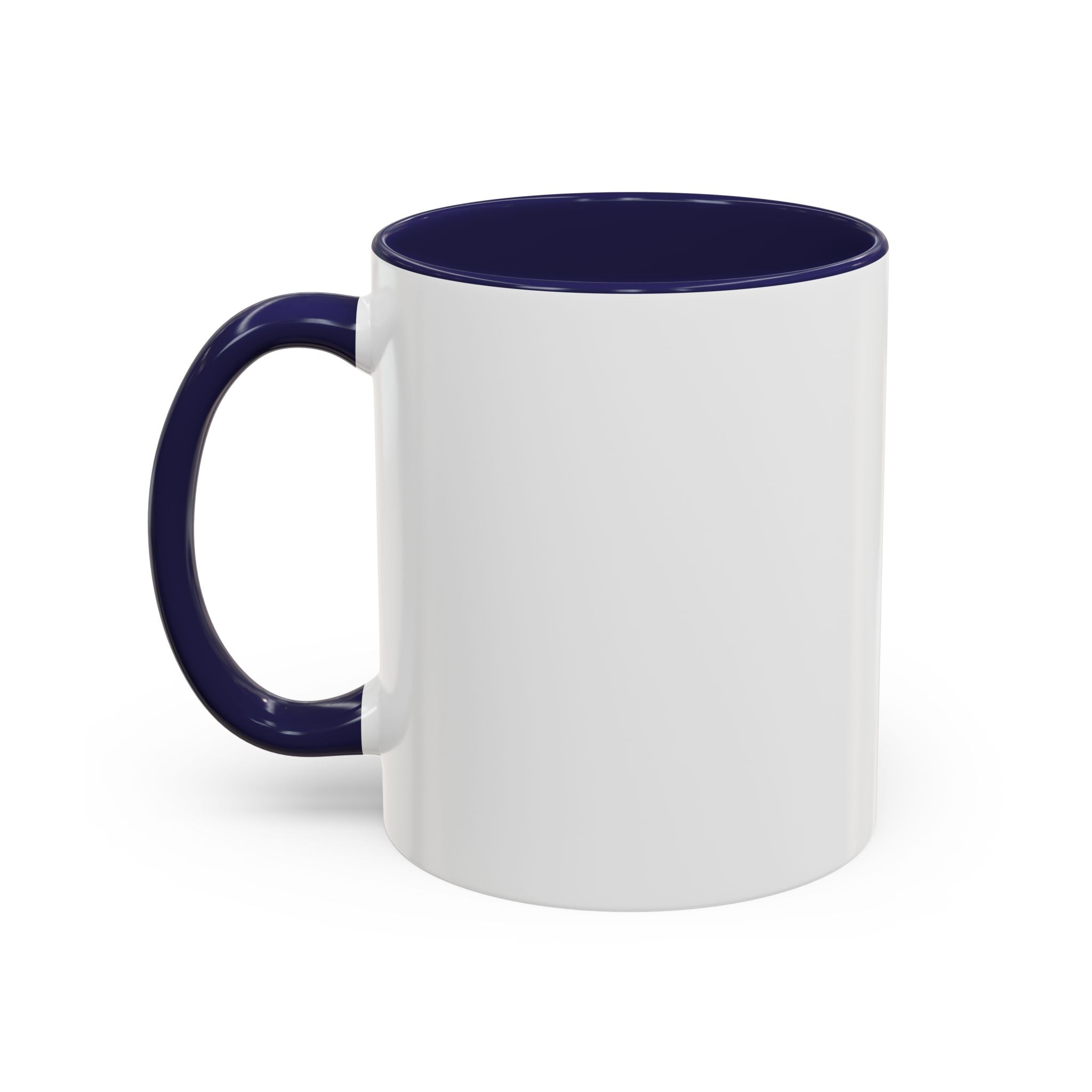 White mug with a navy blue interior and handle, featuring a funny dog in a suit design. Available in 11oz and 15oz sizes.