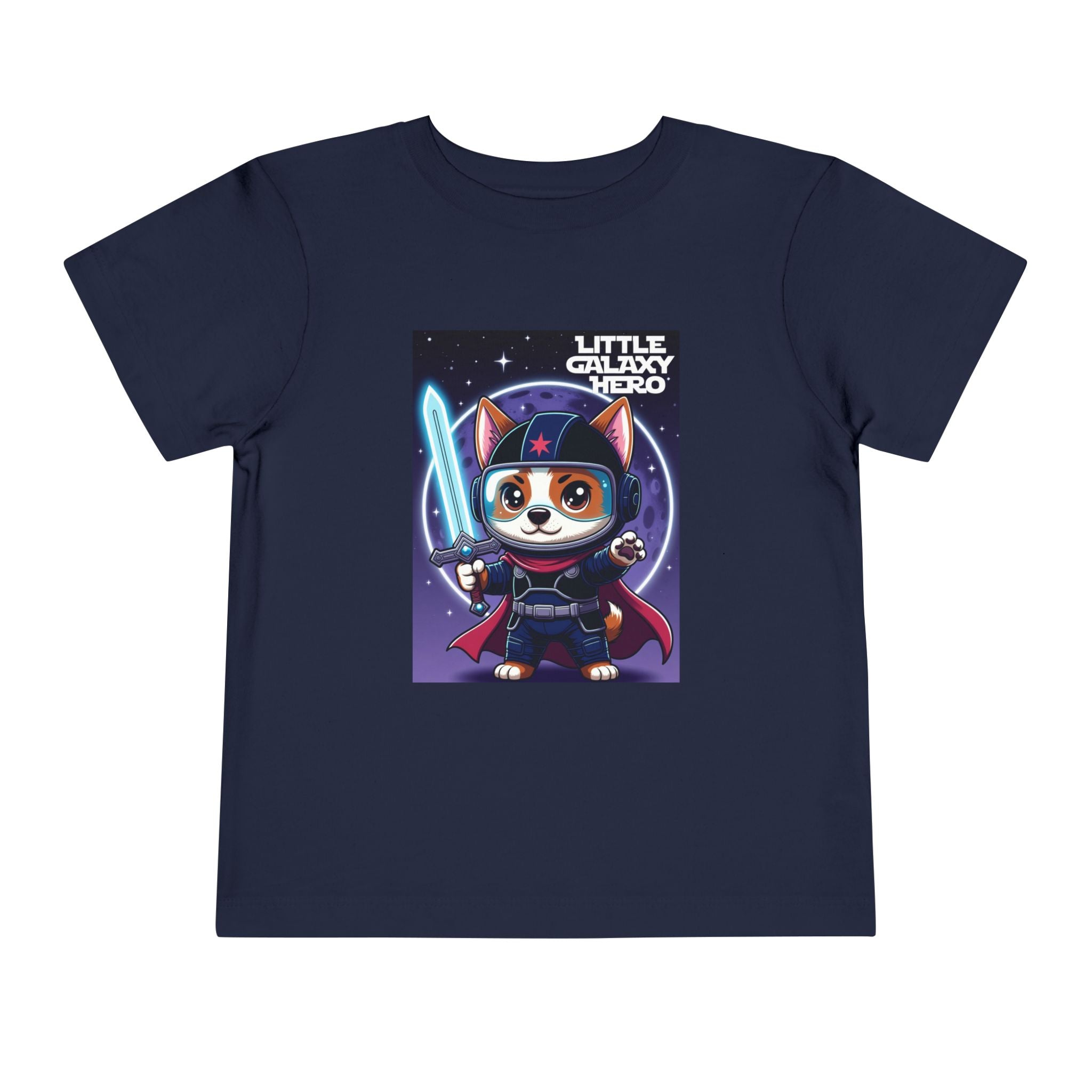 Little Galaxy Hero kids t-shirt featuring a cartoon space puppy in a helmet and cape on a navy background.