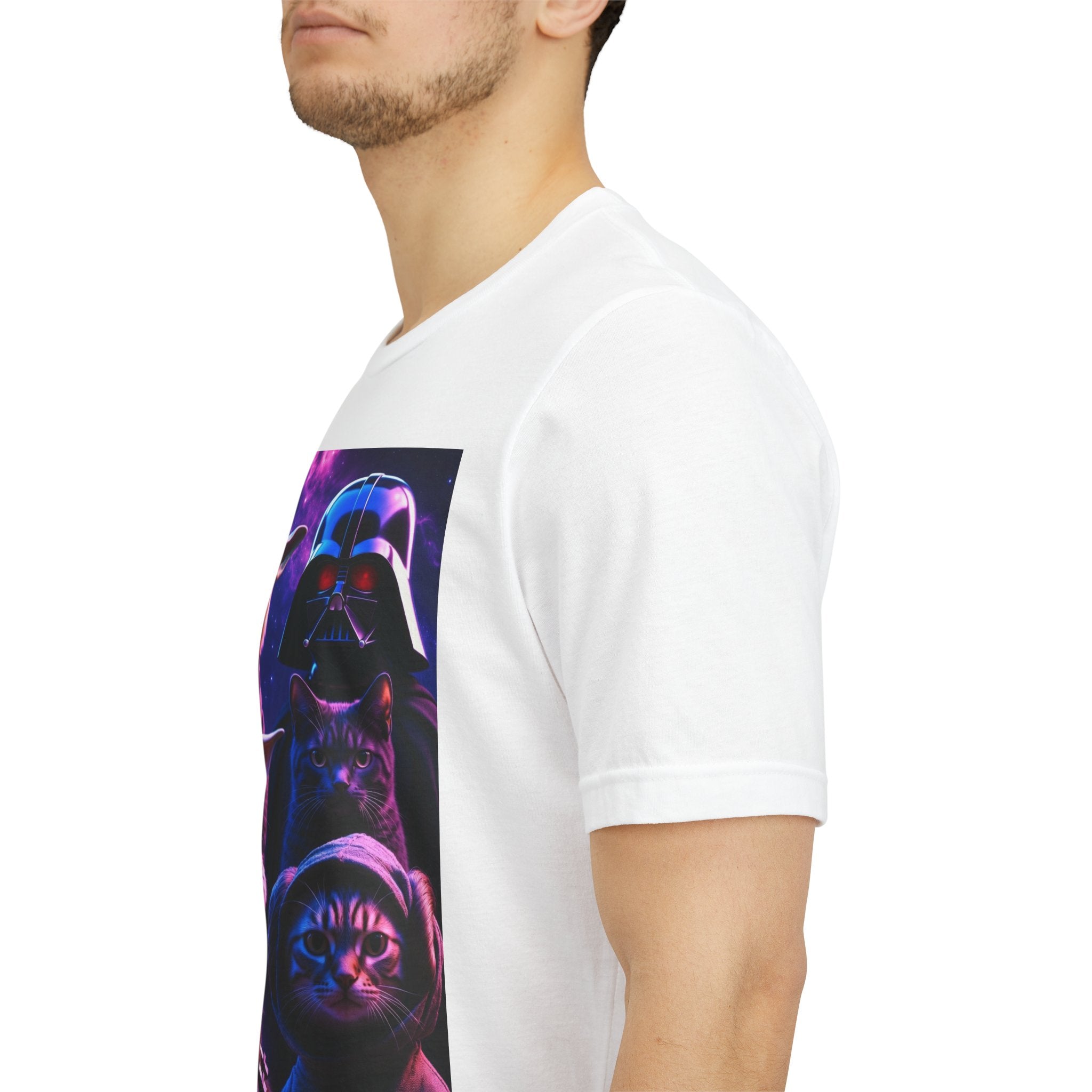 White T-shirt featuring a graphic of cats dressed as iconic characters in a galaxy background.