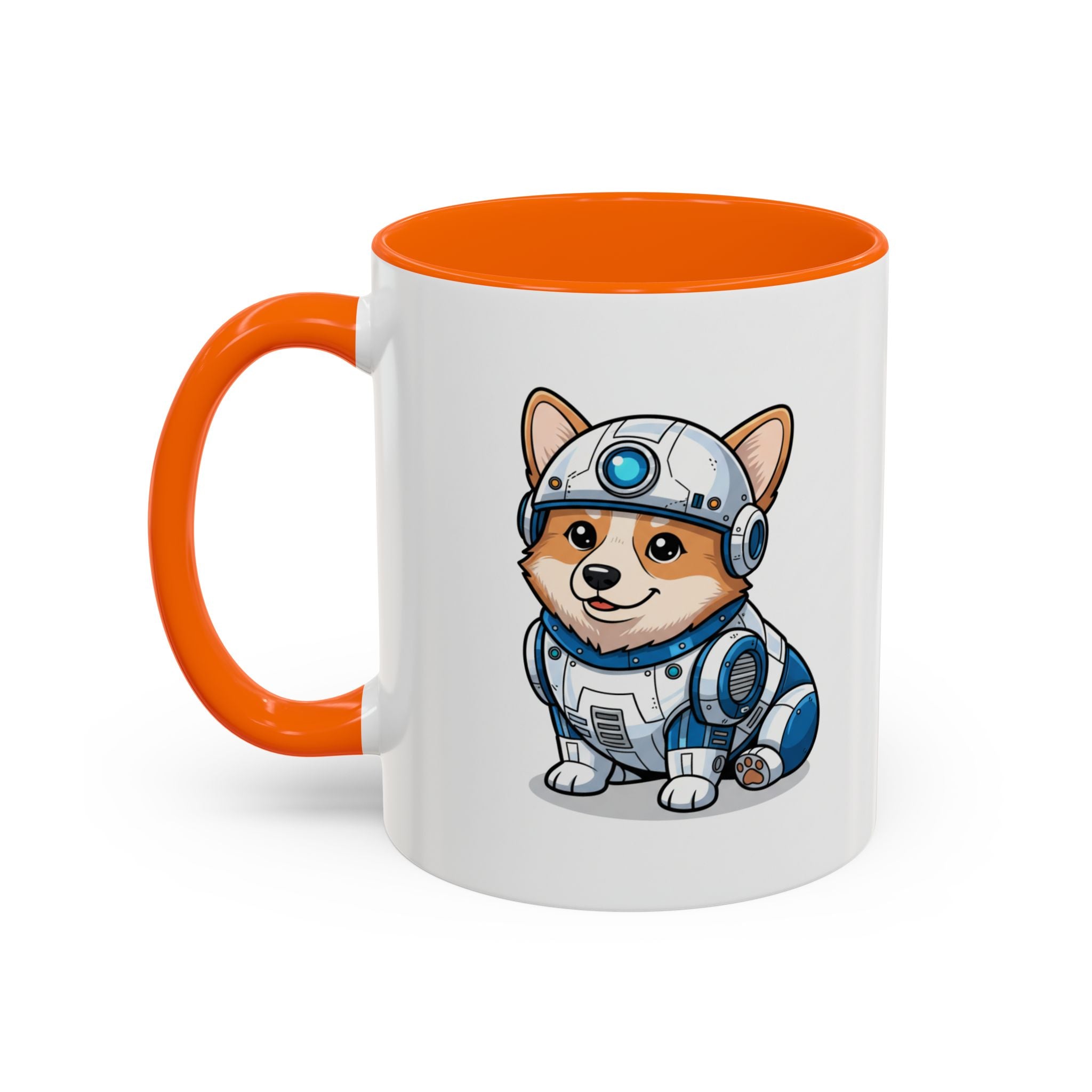 Corgi R2-D2 coffee mug with an orange handle, featuring a cartoon corgi in a droid costume.