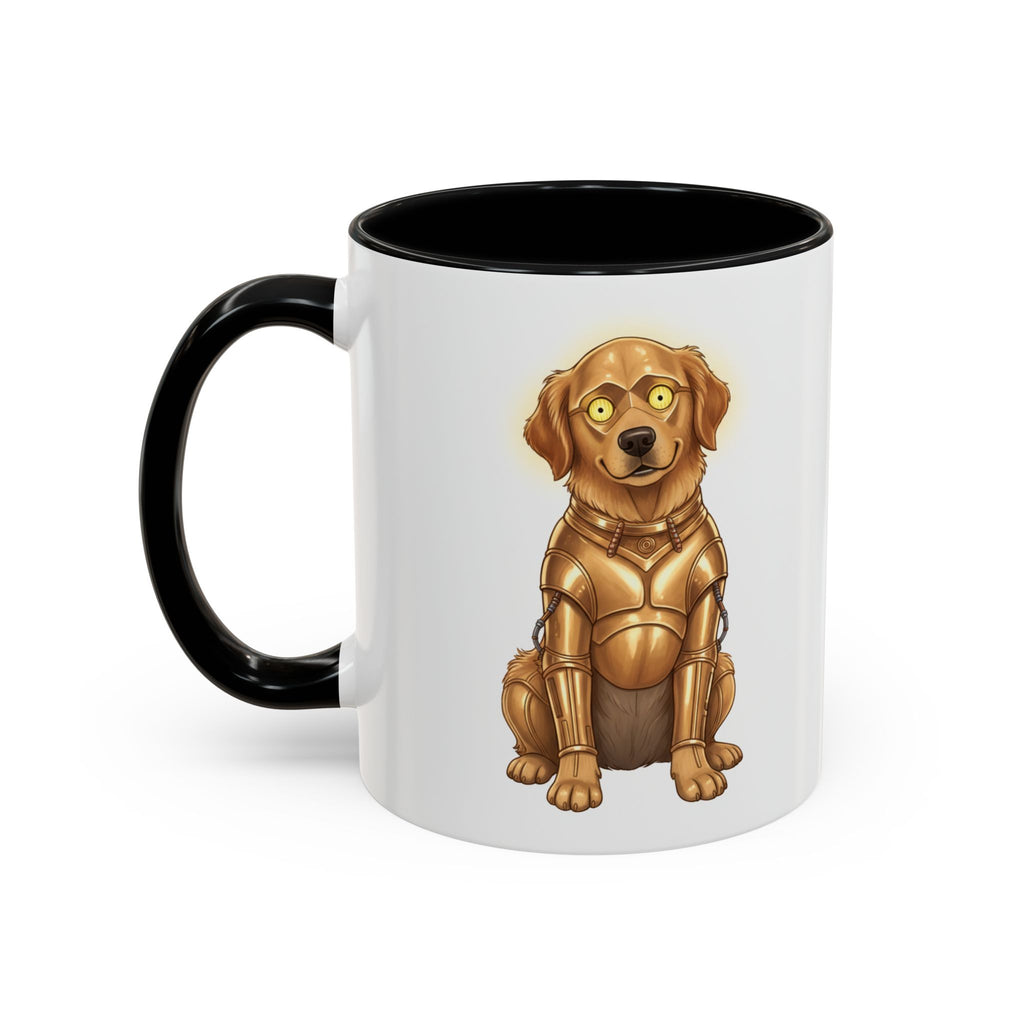 Golden Retriever C-3PO mug featuring a dog in gold armor with a black handle and interior.