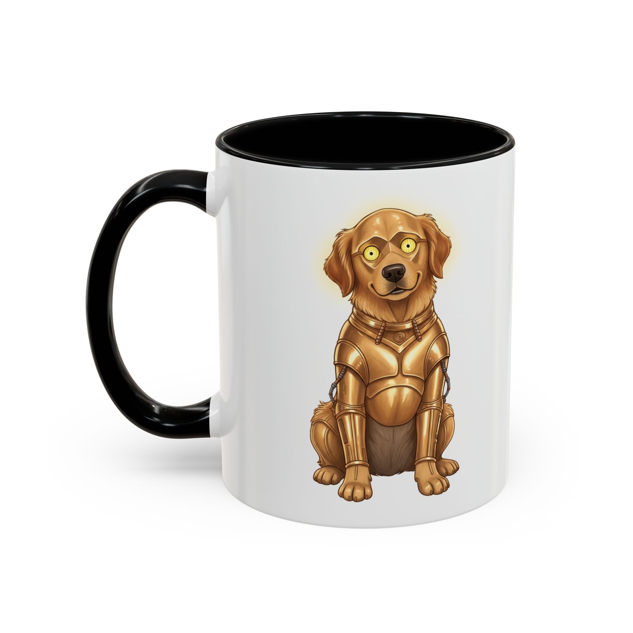 Golden Retriever C-3PO mug featuring a dog in gold armor with a black handle and interior.