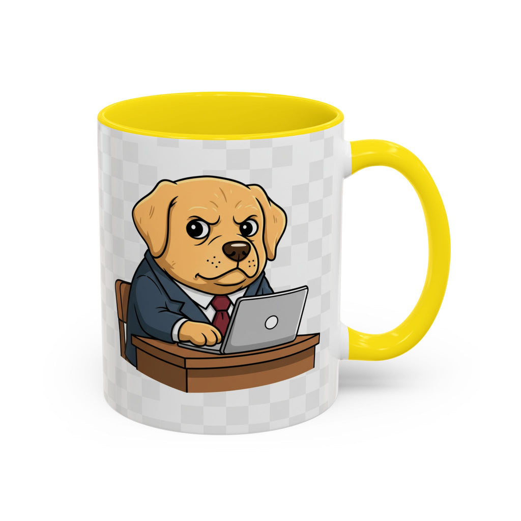 Yellow Lab Boss mug featuring a cartoon dog in a suit working on a laptop, with a yellow handle and interior.