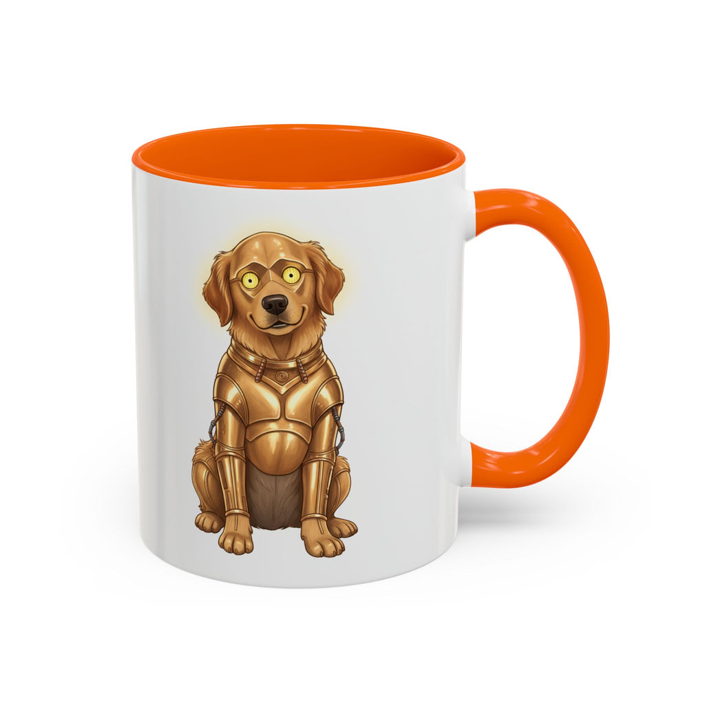 Golden Retriever C-3PO mug with an orange handle, featuring a cartoon dog in a gold droid design.