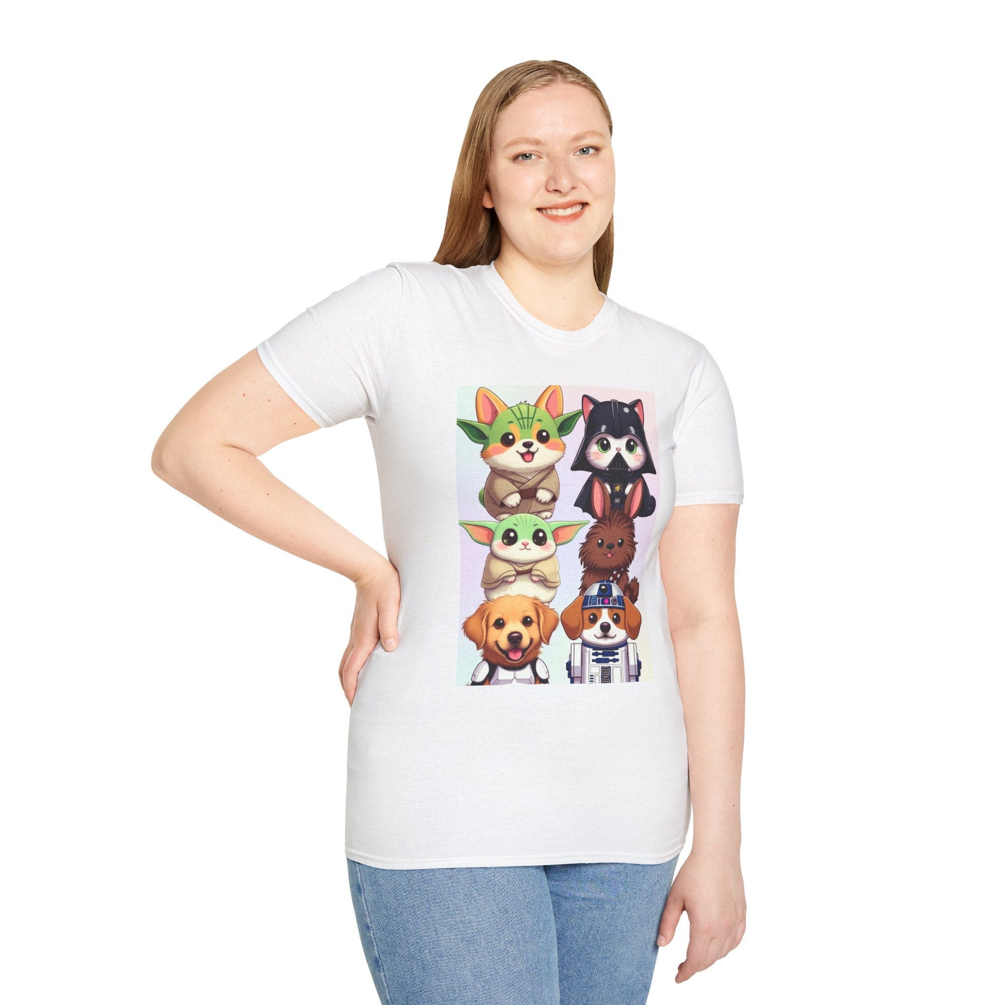 White T-shirt featuring cartoon animals styled as Star Wars characters, worn by a model with long hair.