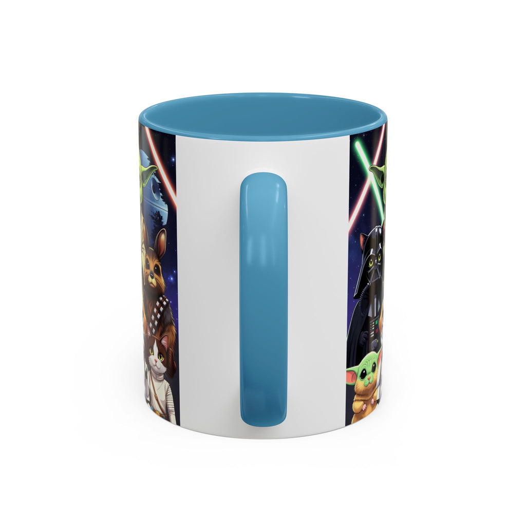 Star Wars Pets coffee mug featuring a galaxy design with cats and dogs, blue handle, and colorful character illustrations.