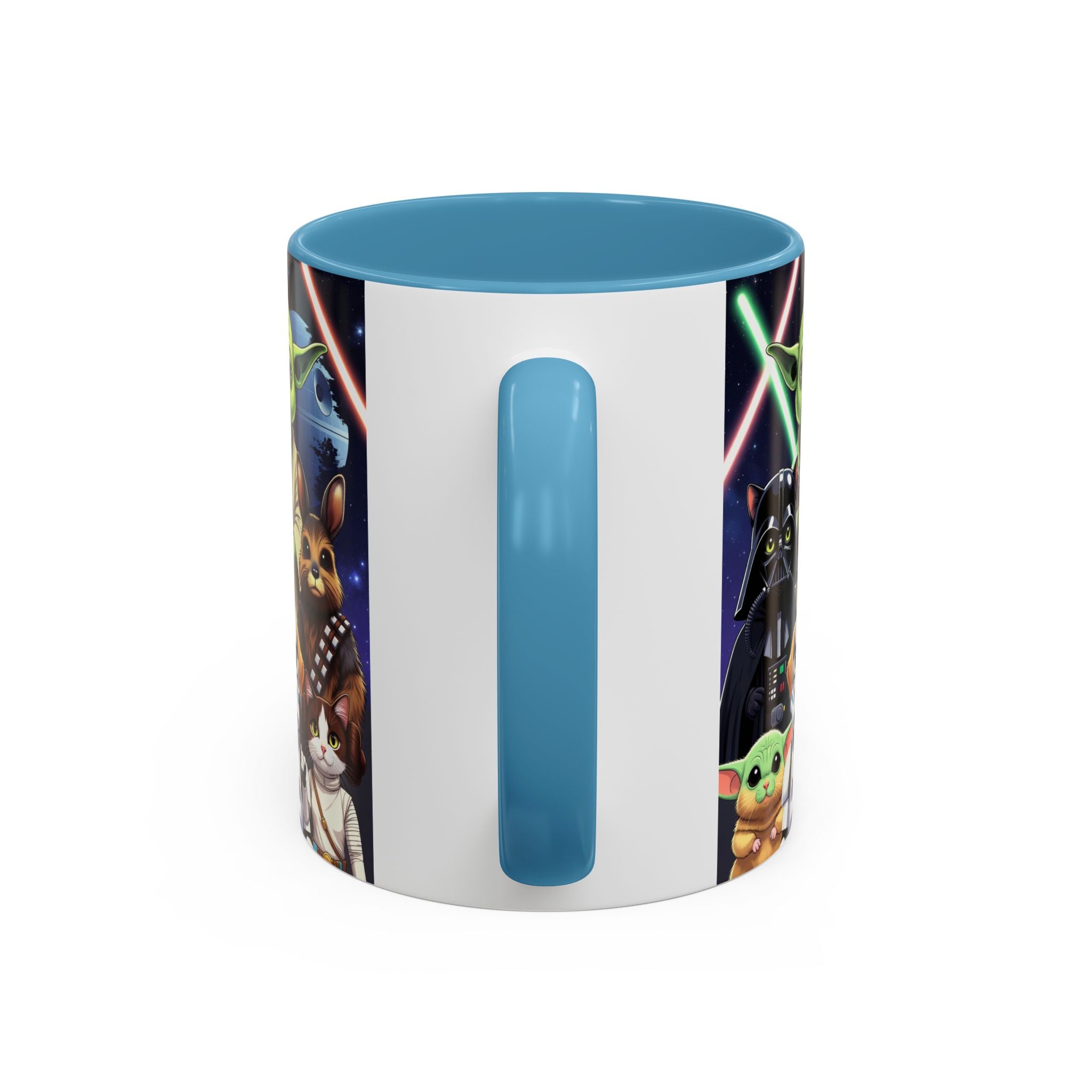 Star Wars Pets coffee mug featuring a galaxy design with cats and dogs, blue handle, and colorful character illustrations.