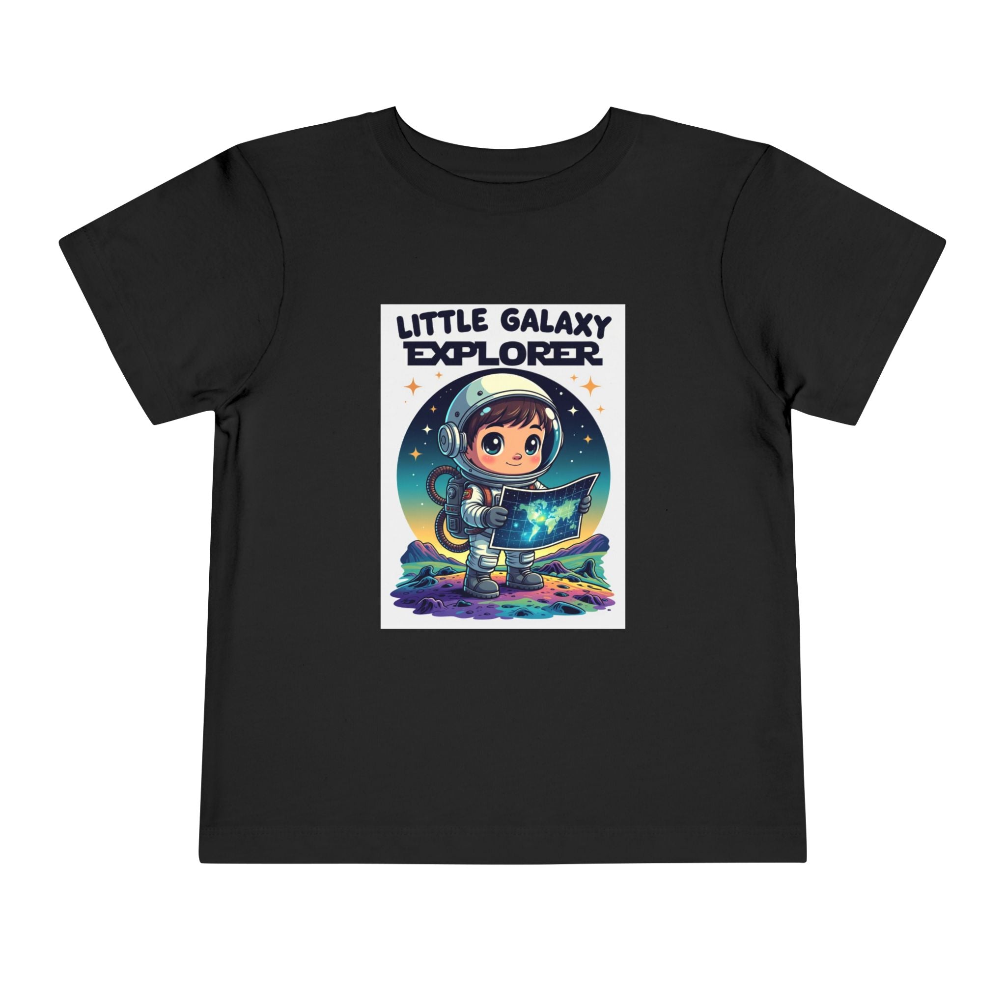 Black kids' t-shirt featuring a cartoon child in a space suit holding a star map, with "Little Galaxy Explorer" text above.