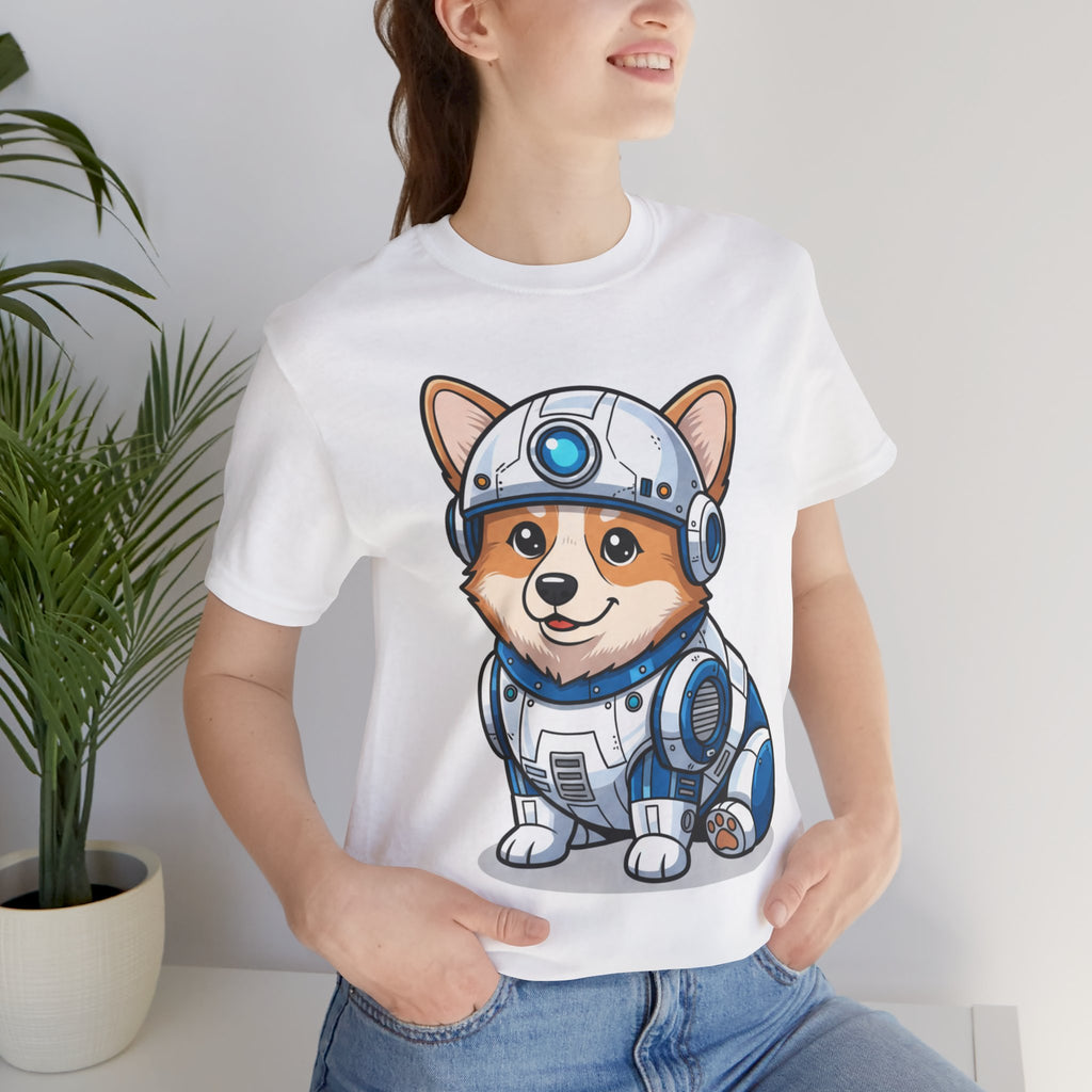 Corgi R2-D2 T-shirt featuring a cartoon corgi in a droid costume, worn by a person against a light background.