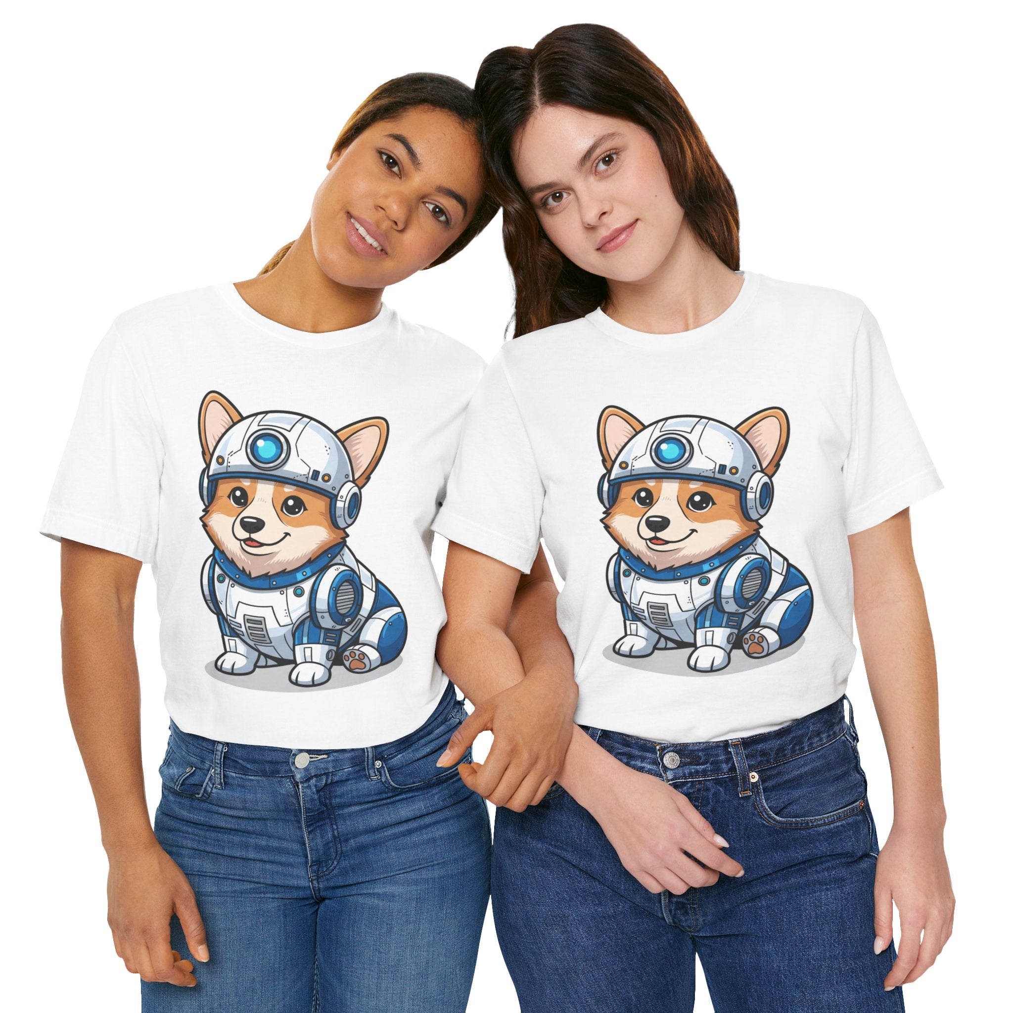 Corgi R2-D2 T-shirt featuring a cute droid pup design, worn by two women in casual outfits.